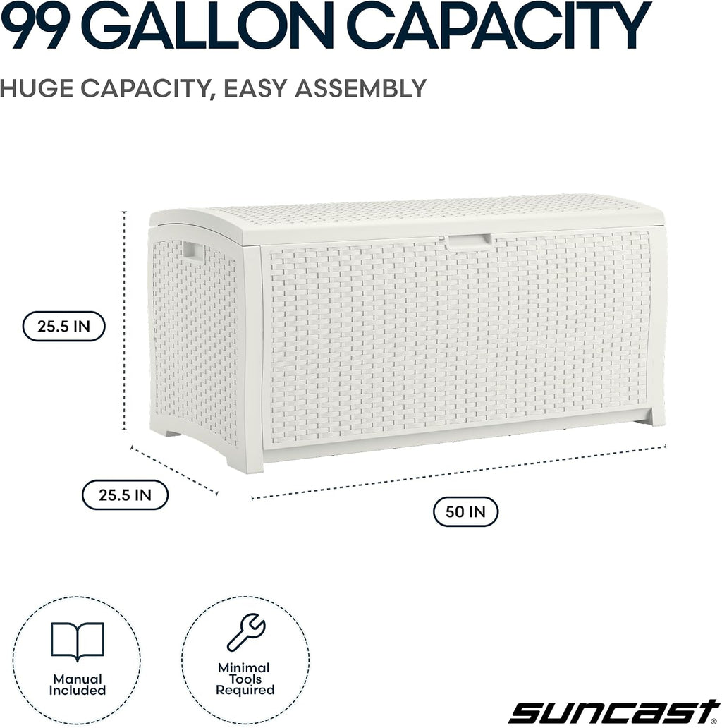 Suncast 99 Gallon Wicker Horizontal Outdoor Deck Box with Hinged Lid, Water-Resistant Storage Solution for Patio, Deck, Yard, and Garage, White, Made in the USA