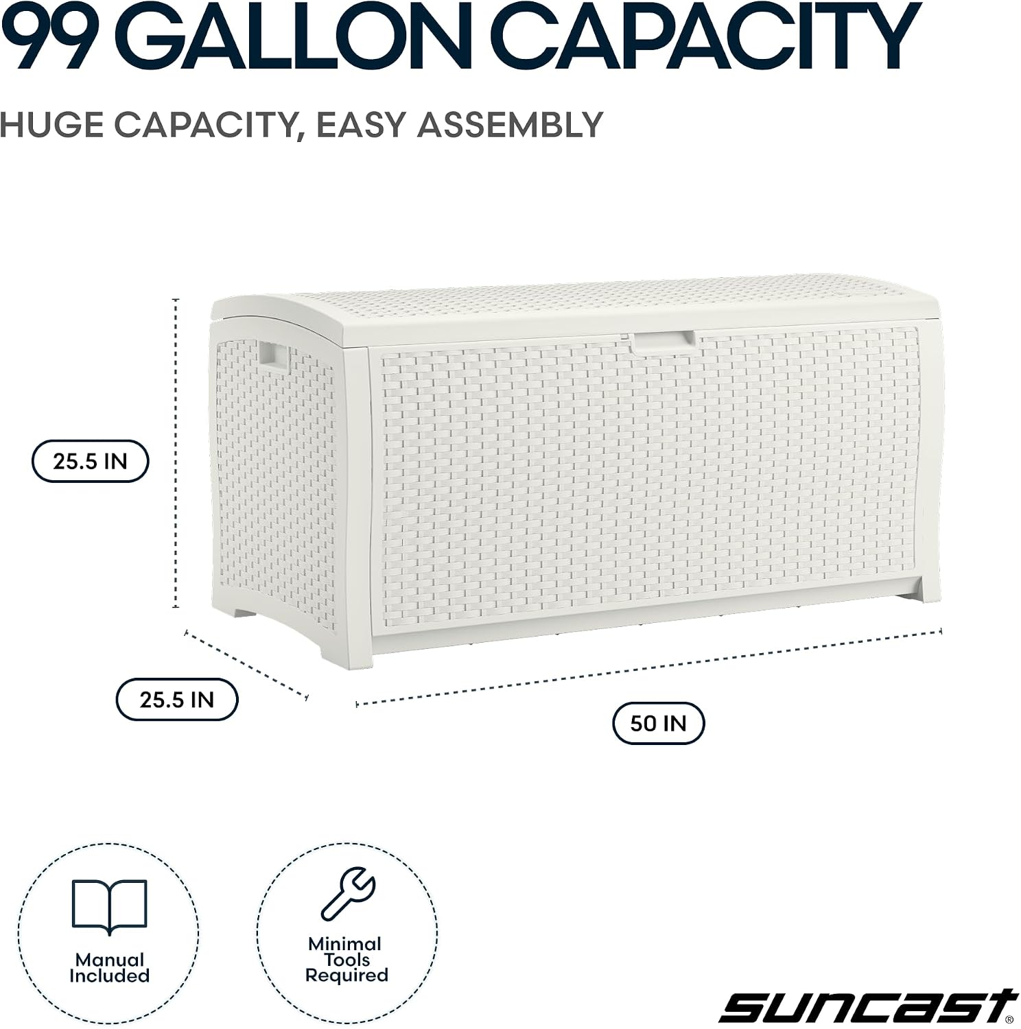 Suncast 99 Gallon Wicker Horizontal Outdoor Deck Box with Hinged Lid, Water-Resistant Storage Solution for Patio, Deck, Yard, and Garage, White, Made in the USA