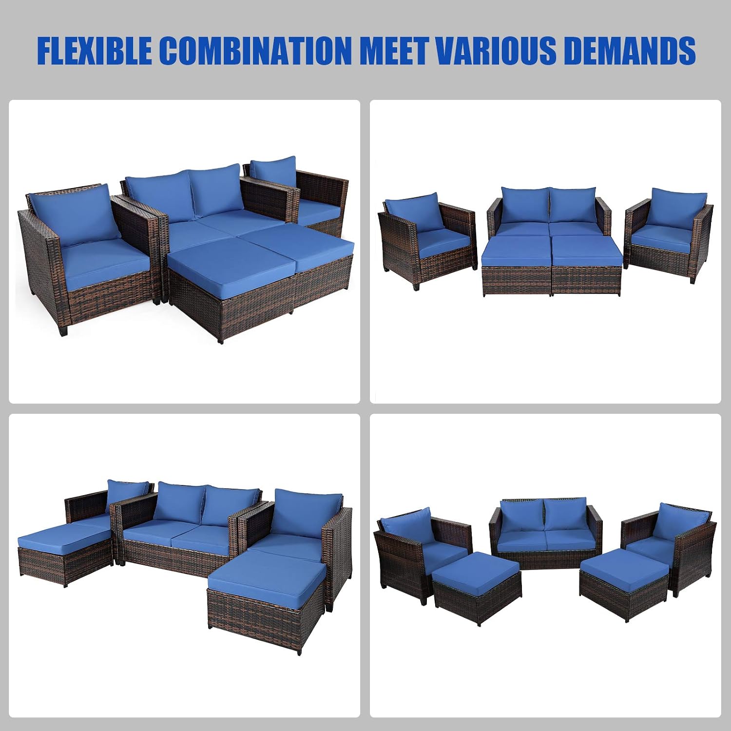 Tangkula 5 Pieces Rattan Patio Furniture Set, Outdoor Sectional Wicker Sofa Set with Loveseat, 2 Single Sofas, 2 Ottomans & Removable Cushions, Outside Daybed Sofa for Yard, Garden, Poolside (Navy)
