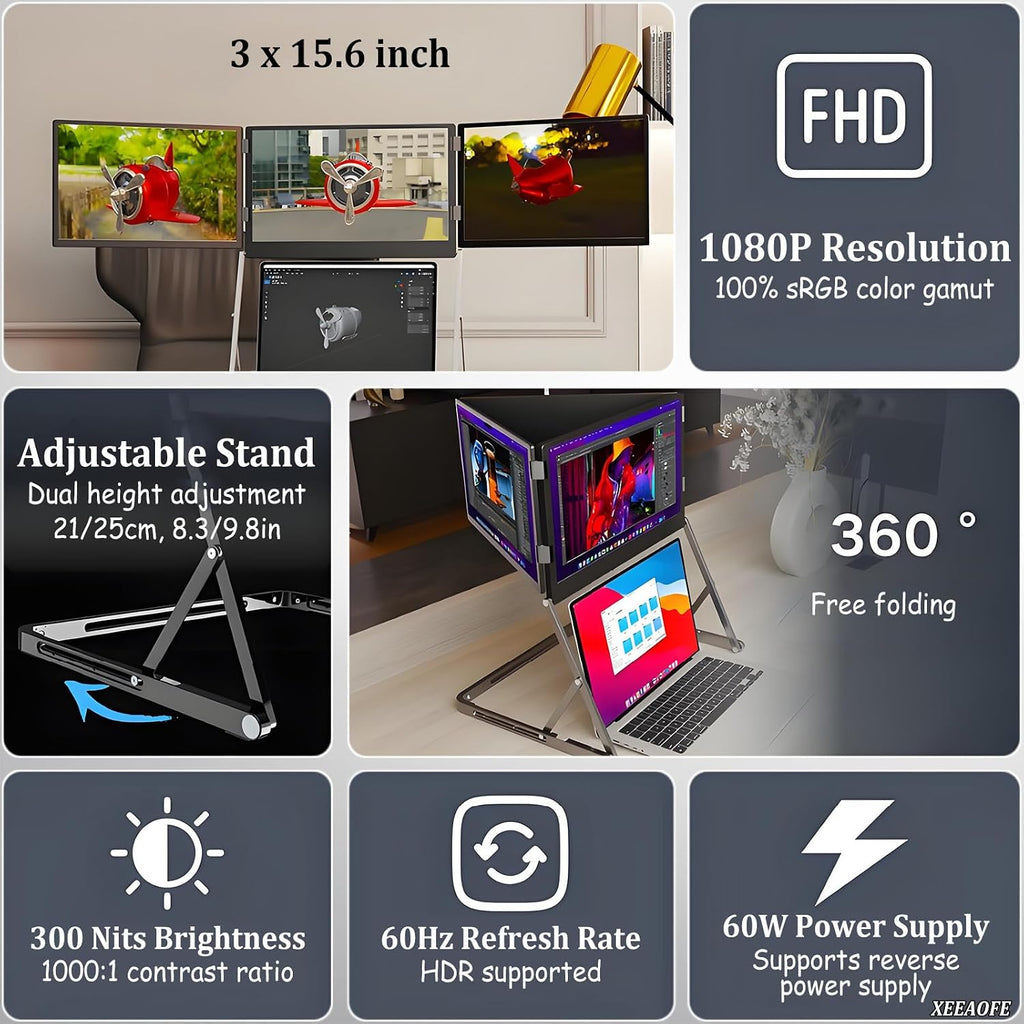 Foldable 15.6' Triple Monitor for Laptop, 1080p FHD Tri-Fold Screen Extender, Portable Extended Display with 178° Adjustable Viewing Angles for Enhanced Productivity