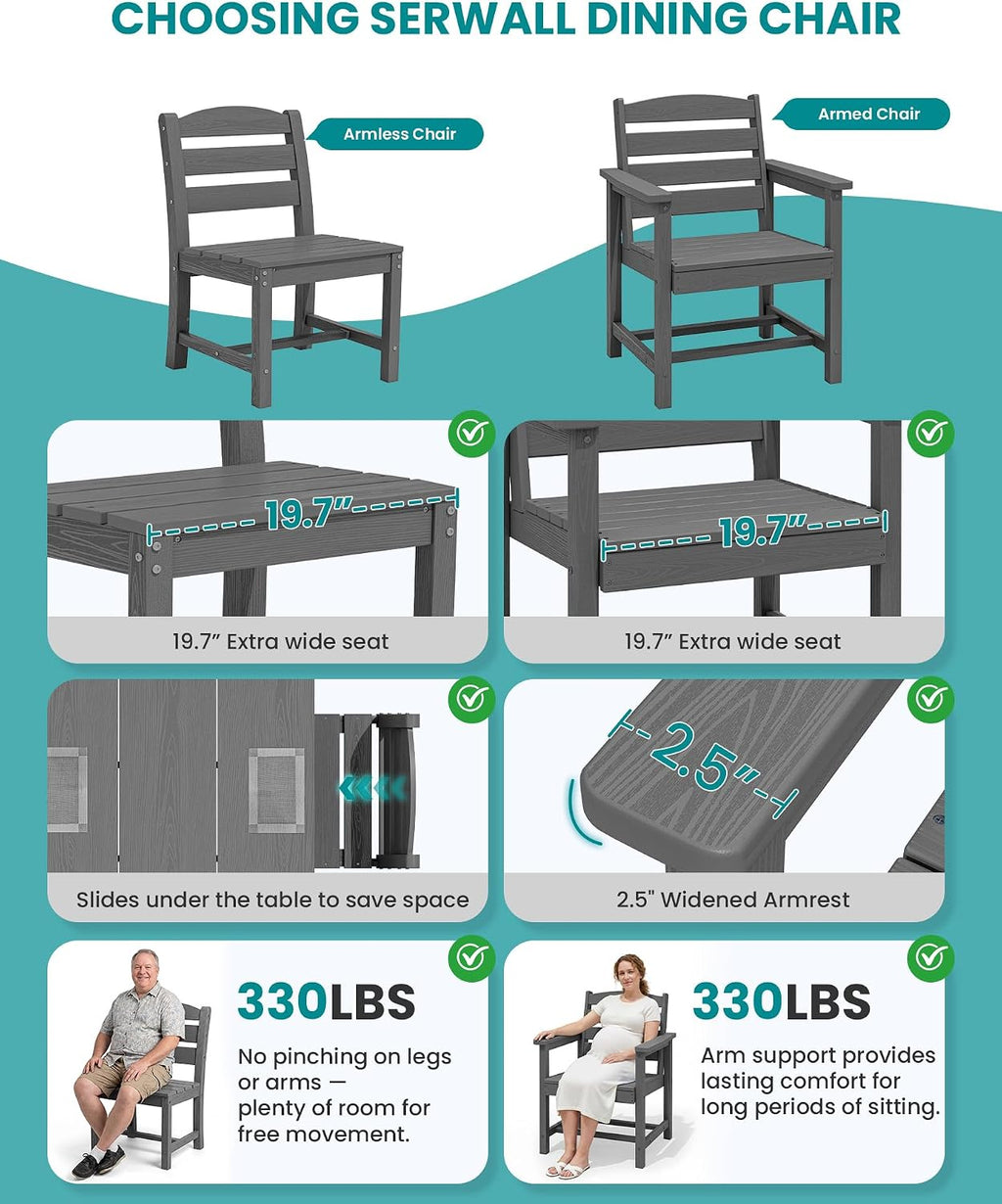 SERWALL Patio Dining Chair, All Weather Dining Chair Set of 2, Outdoor Dining Chair with Widened Seat, Gray