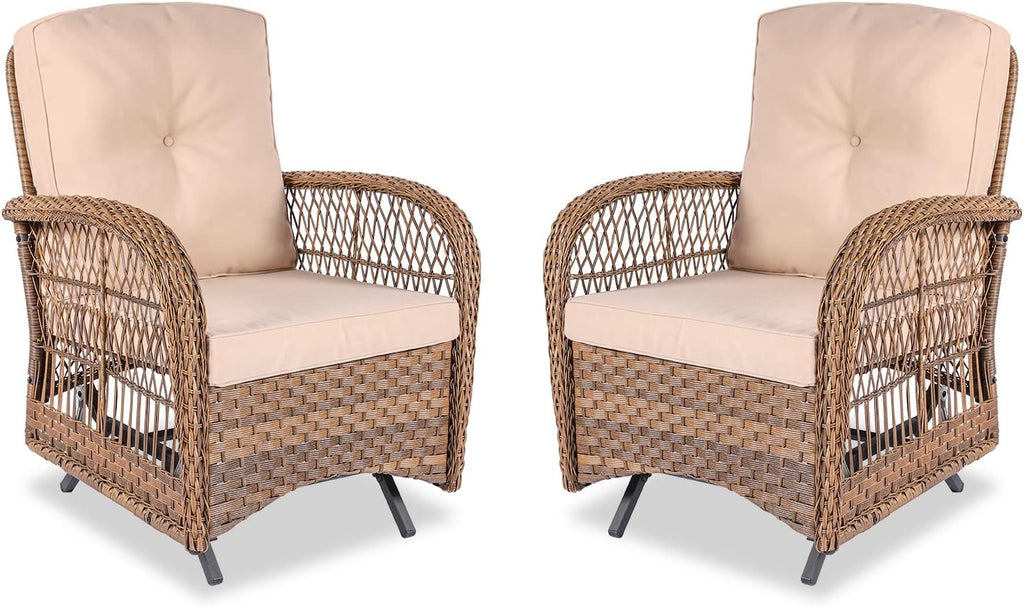 MEETWARM Patio Wicker Rocking Glider Set, All-Weather Outdoor Rattan Patio Rocking Chairs of 2, Patio Conversation Set with Thickened Cushions for Porch Garden & Backyard, Brown