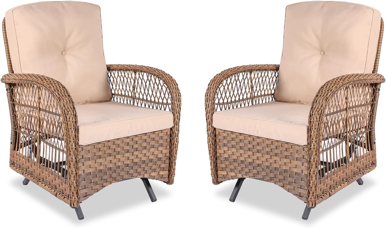 MEETWARM Patio Wicker Rocking Glider Set, All-Weather Outdoor Rattan Patio Rocking Chairs of 2, Patio Conversation Set with Thickened Cushions for Porch Garden & Backyard, Brown