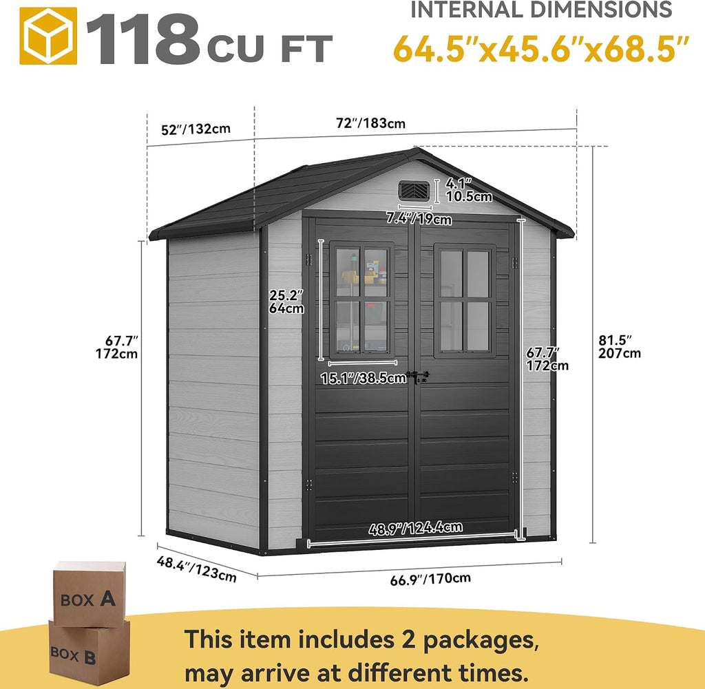 DWVO 6x4.4 FT Outdoor Storage Shed, Plastic Garden Tool Shed with 2 Windows, Double-Wall Outside Shed for Lawn Mower, Garden Tool for Backyard, Patio, Lawn, Lockable, Grey & Black