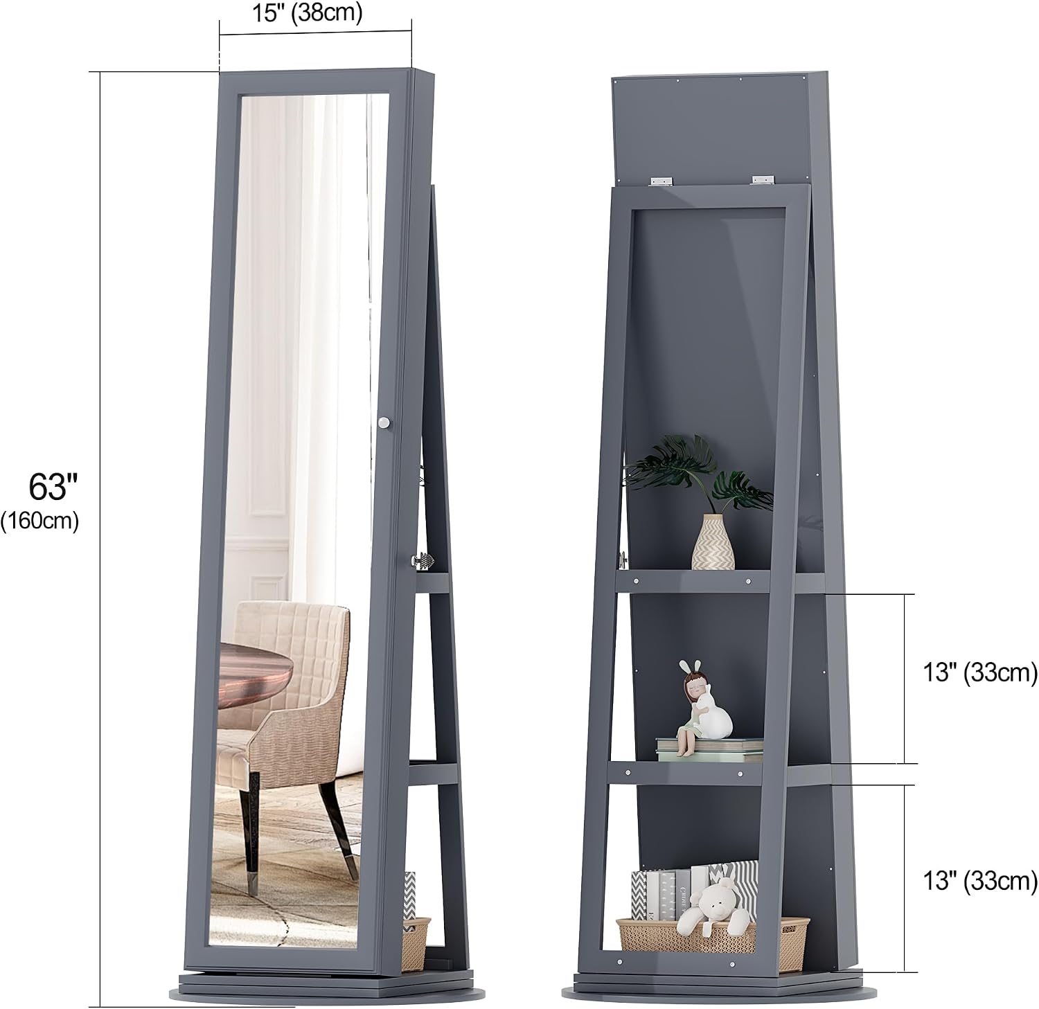 360° Rotating LED Jewelry Armoire with Lockable,3 Color Dimmable Full Length Mirror with Makeup Tray,Jewelry Organizer Cabinet with Back Storage Shelves