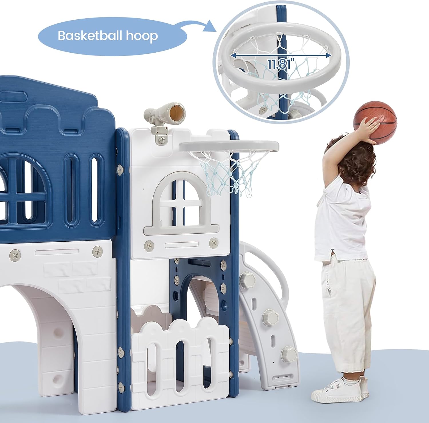GAOMON 8 in 1 Toddler Slide Indoor Playground, Indoor Slide Toddler Playset for Toddlers 1-3, Kids Outdoor Playground with Basketball Hoop, Climber, Crawling Tunnel, Telescope, Toy Storage