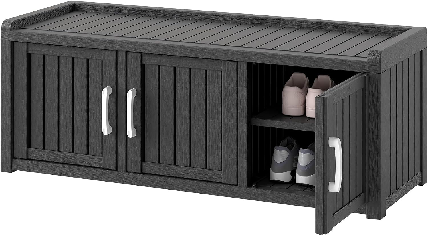 KAMABOKO Outdoor Shoe Storage Cabinet Waterproof UV-Resistant, Entryway Storage Bench Indoor Outdoor with 3 Barn Doors, Adjustable Shelves for Entryway, Bedroom, Hallway,Living Room(Black)