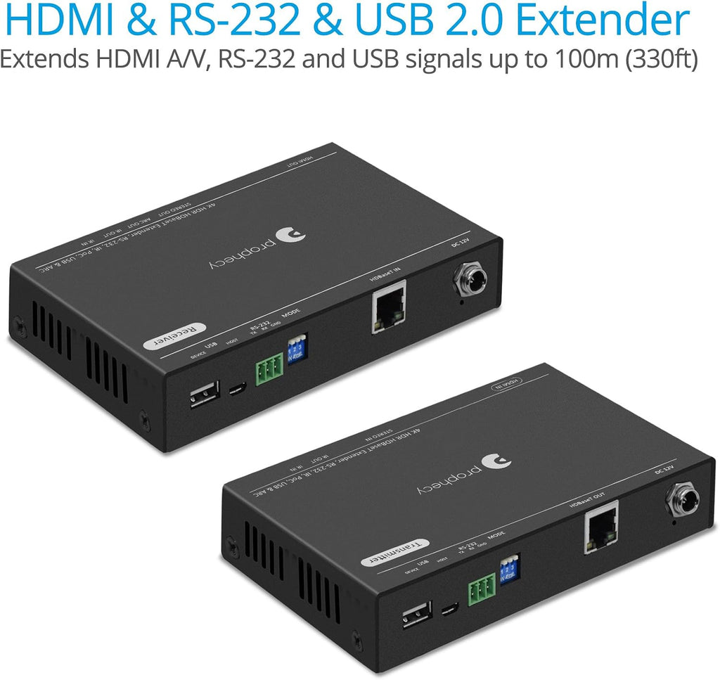 gofanco Prophecy HDBaseT HDMI Extender 4K 60Hz USB 2.0 KVM RS 232 Over CAT5e/CAT6/CAT7-230ft @4K 4:4:4, 328ft @1080p, Dual IR, HDR, CEC, PoC, 3D, 18Gbps, HDMI 2.0a, HDCP 2.2, TAA Compliant