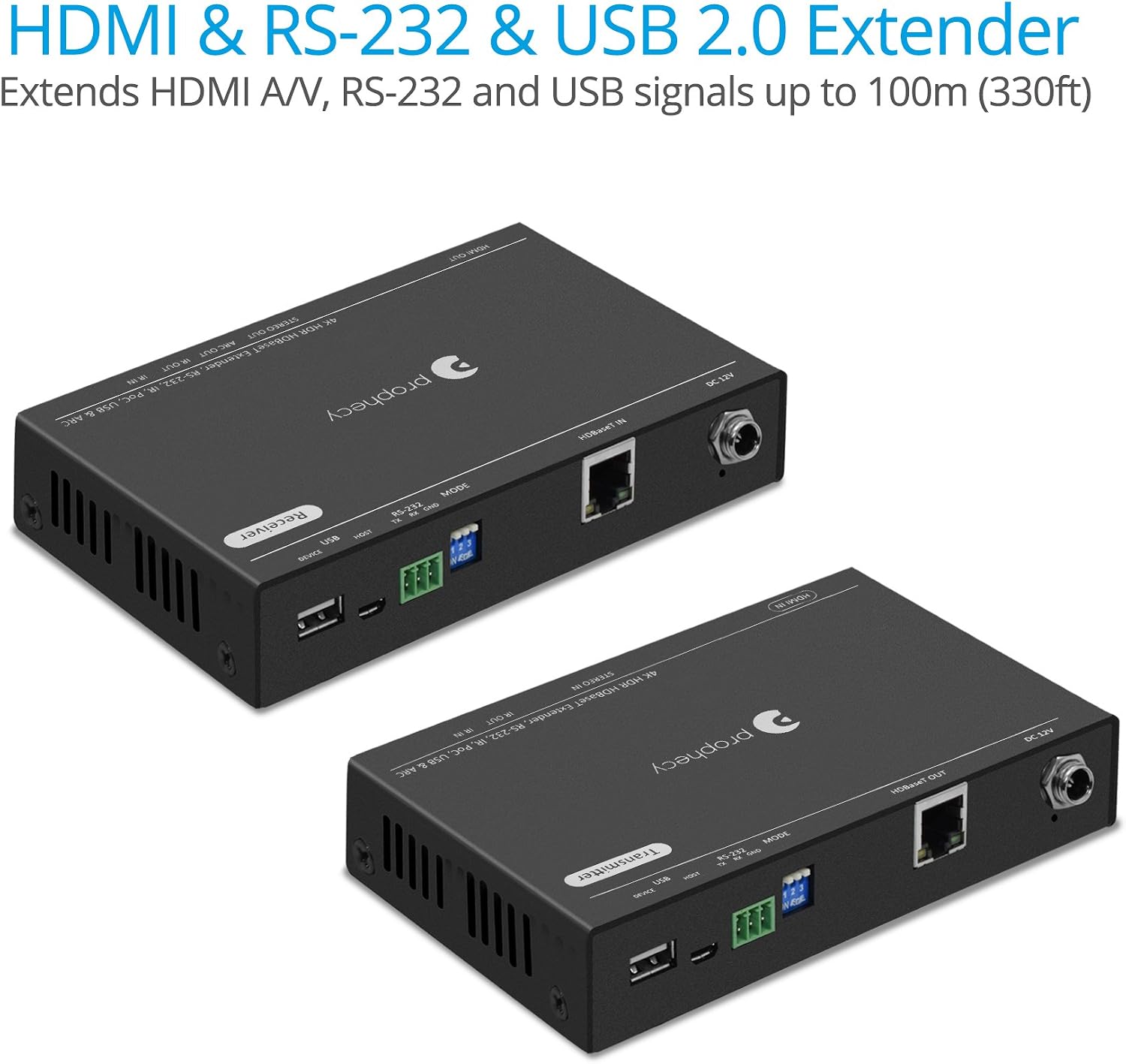 gofanco Prophecy HDBaseT HDMI Extender 4K 60Hz USB 2.0 KVM RS 232 Over CAT5e/CAT6/CAT7-230ft @4K 4:4:4, 328ft @1080p, Dual IR, HDR, CEC, PoC, 3D, 18Gbps, HDMI 2.0a, HDCP 2.2, TAA Compliant