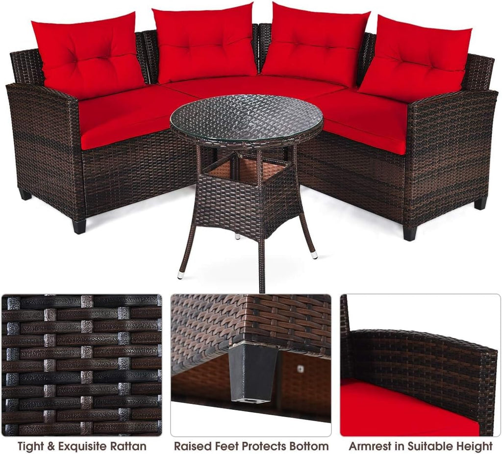 HAPPYGRILL 4 Pieces Rattan Patio Conversation Set, Outdoor Wicker Furniture Set with Cushioned Sofas and Coffee Table, L-Shape Sectional Curved Sofa Set for Garden Poolside Balcony