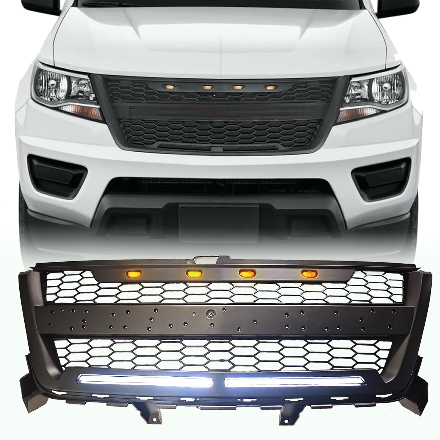 Front Grille Compatible with 2016 2017 2018 2019 2020 Colorado Replacement Front Grill, Black Letters and 4 LED Lights (with 2 LED Bars)