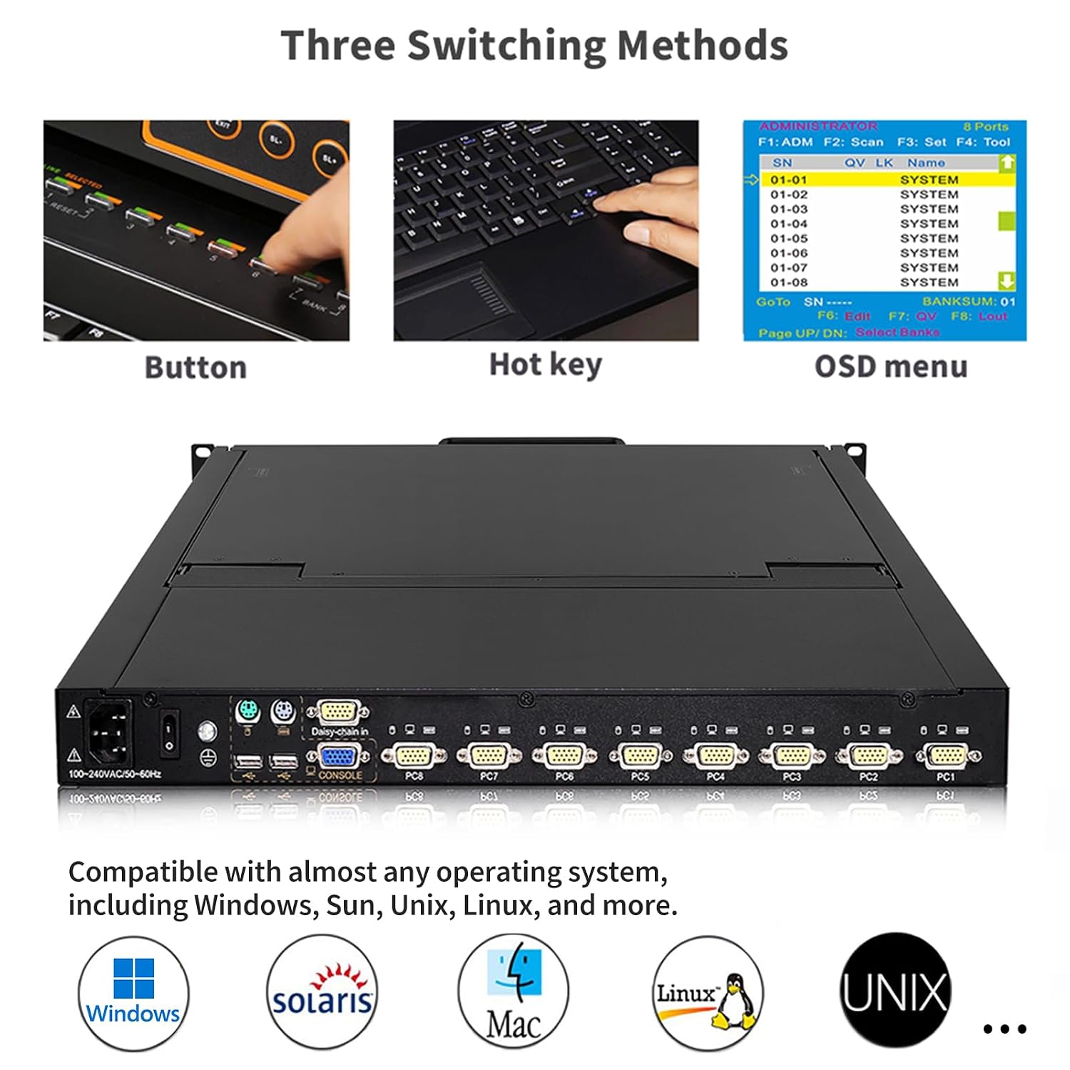 1U Rack Mount KVM Console Built-in 8 Port VGA KVM Switch, 19' Rackmount Monitor Keyboard Touchpad, OSD/Hotkey/Button Switch,1280X1024@60Hz 5:4 Ratio, Incl. Cables,Compatible with Windows,Linux,Mac,Sun