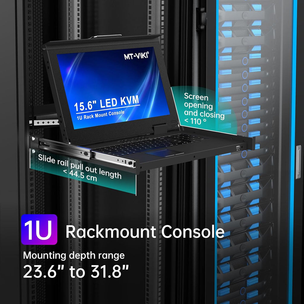 MT-VIKI Rack Mount KVM Console w/15.6' LCD Monitor, 8 Port HDMI KVM Switch, 1920x1080@60Hz 1U Integrated Monitor Keyboard, Fits 18.9' to 31.5' Deep Racks (480-800mm), Included 8 Cables
