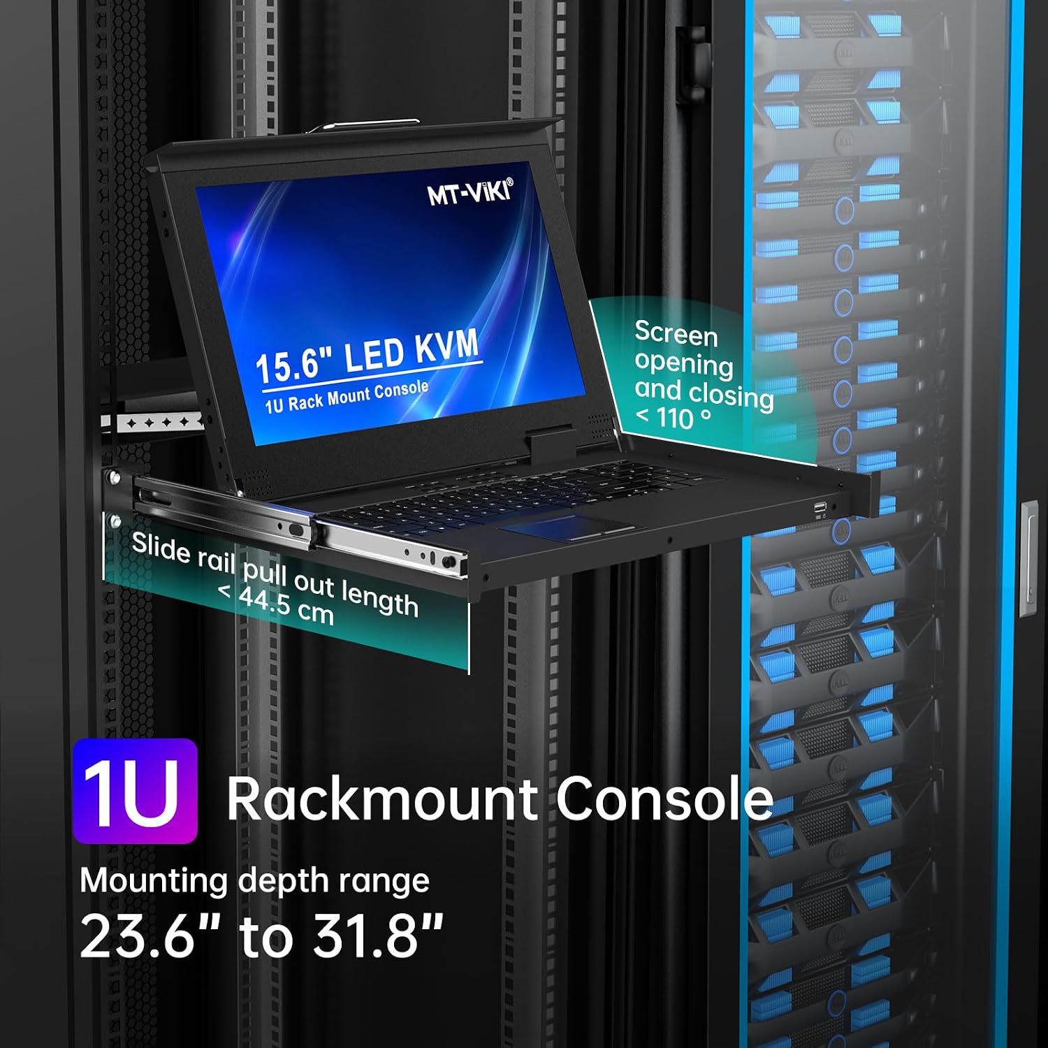 MT-VIKI Rack Mount KVM Console w/15.6' LCD Monitor, 8 Port HDMI KVM Switch, 1920x1080@60Hz 1U Integrated Monitor Keyboard, Fits 18.9' to 31.5' Deep Racks (480-800mm), Included 8 Cables