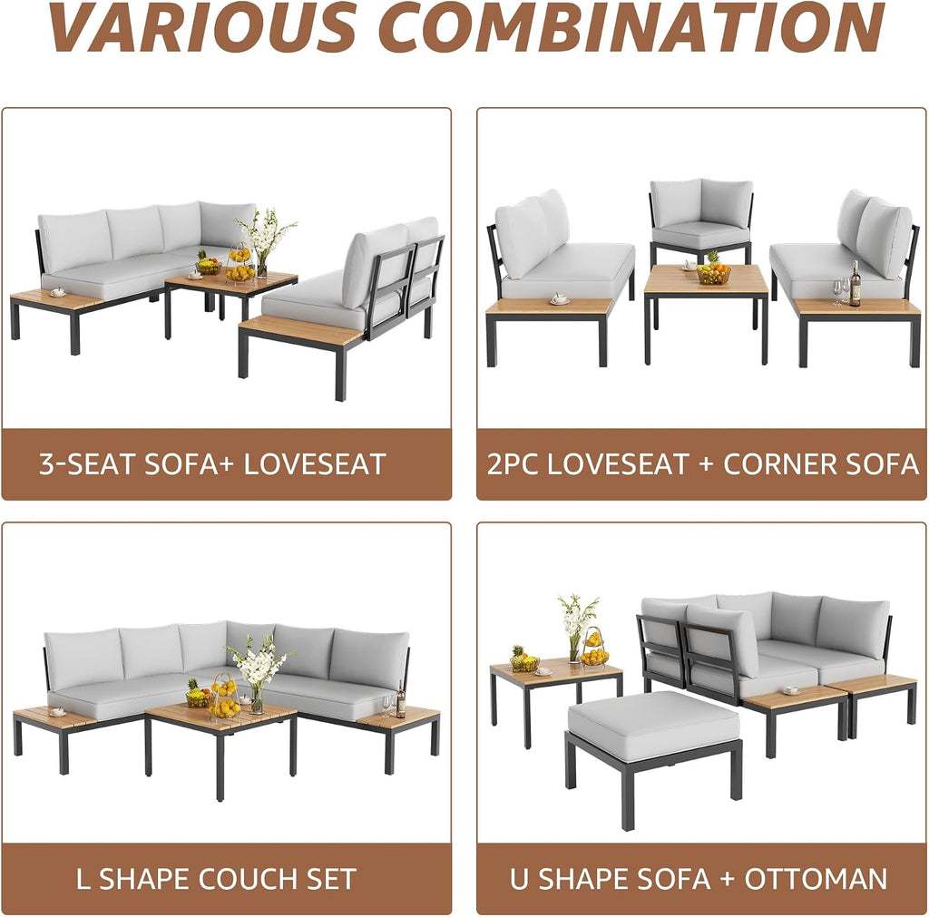 NATURAL EXPRESSIONS Patio Furniture Sets, L Shape Patio Sectional Metal Outdoor Sectional Corner Sofa Outdoor Couch with Detachable Backrest,3 Fauxwood Tables,5' Grey Olefin Cushions