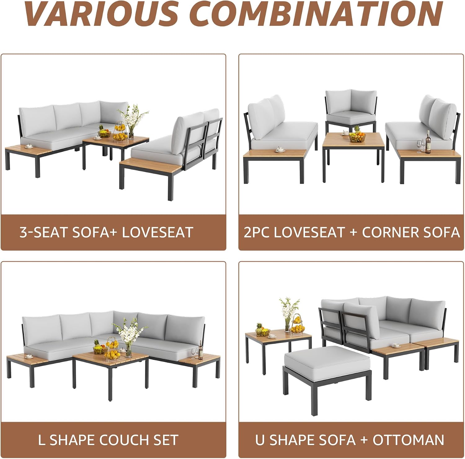 NATURAL EXPRESSIONS Patio Furniture Sets, L Shape Patio Sectional Metal Outdoor Sectional Corner Sofa Outdoor Couch with Detachable Backrest,3 Fauxwood Tables,5' Grey Olefin Cushions