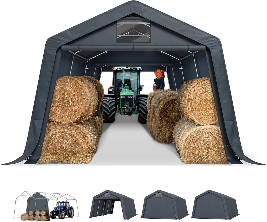 PHI VILLA 13X22ft Carport, Portable Garage Carports Outdoor Storage Shelter Shed Garage Canopy with Rollup Zipper Doors & Waterproof UV Resistant Garages Tent for Cars,Boats,Tools, Motorcycle, Gray
