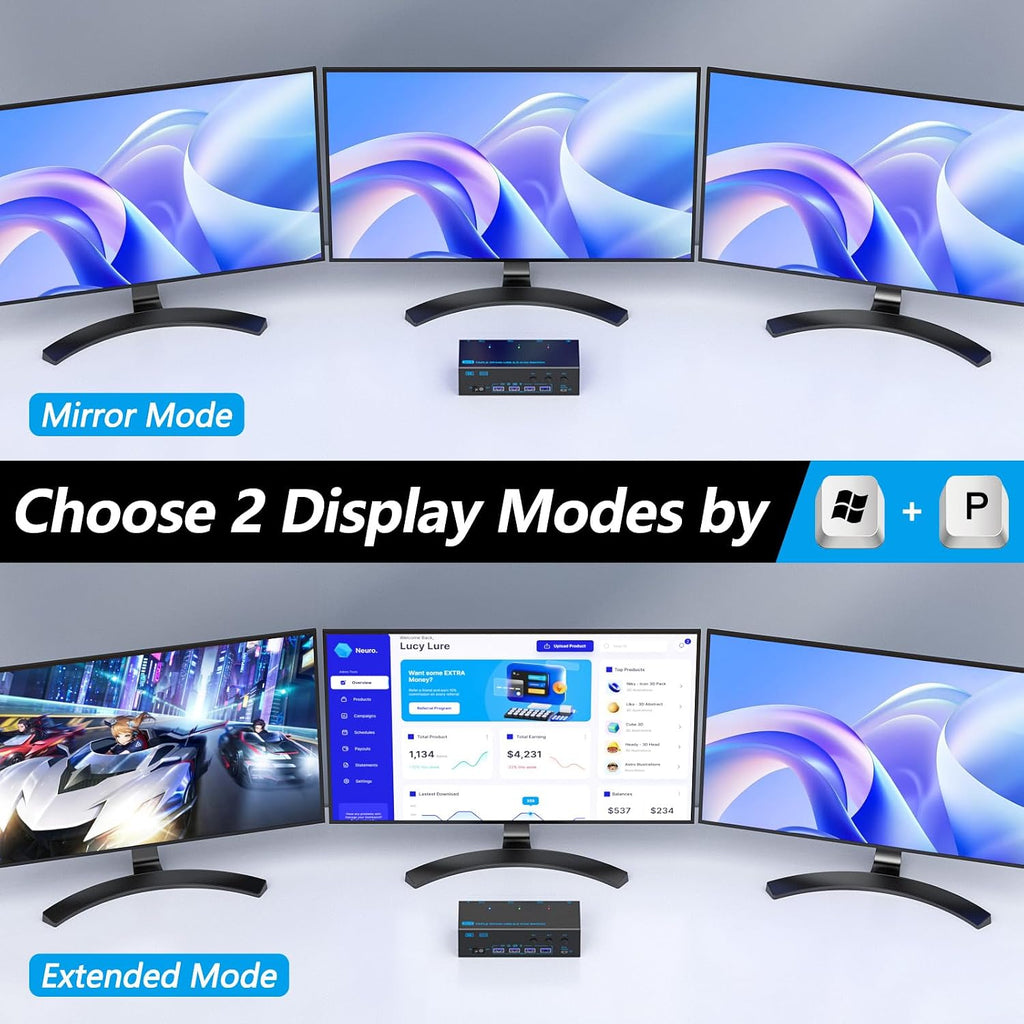 KVM Switch 3 Monitors 3 Computers, ANXQQ 8K@60Hz 4K@144Hz Triple Monitor KVM, HDMI + Displayport KVM Switch with 4 USB 3.0 Ports, 3 Monitor KVM with Power Adapter and Wired Remote