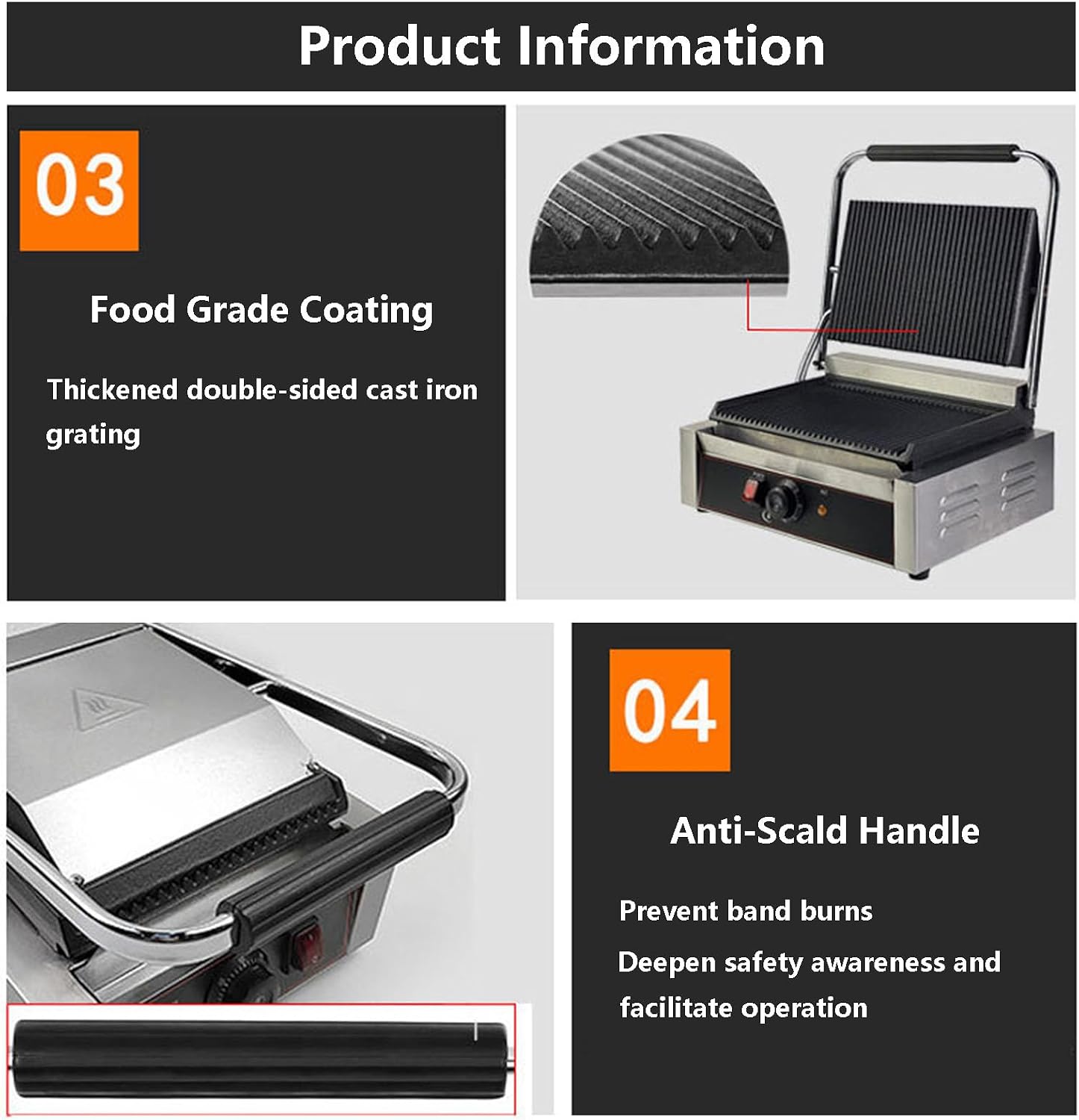 Commercial Sandwich Grill, Contact Grill Single-plate Platen Grill Countertop Sandwich Press W/Tempe Control 50-300℃,for Home Or Restaurant Use (Grooved)