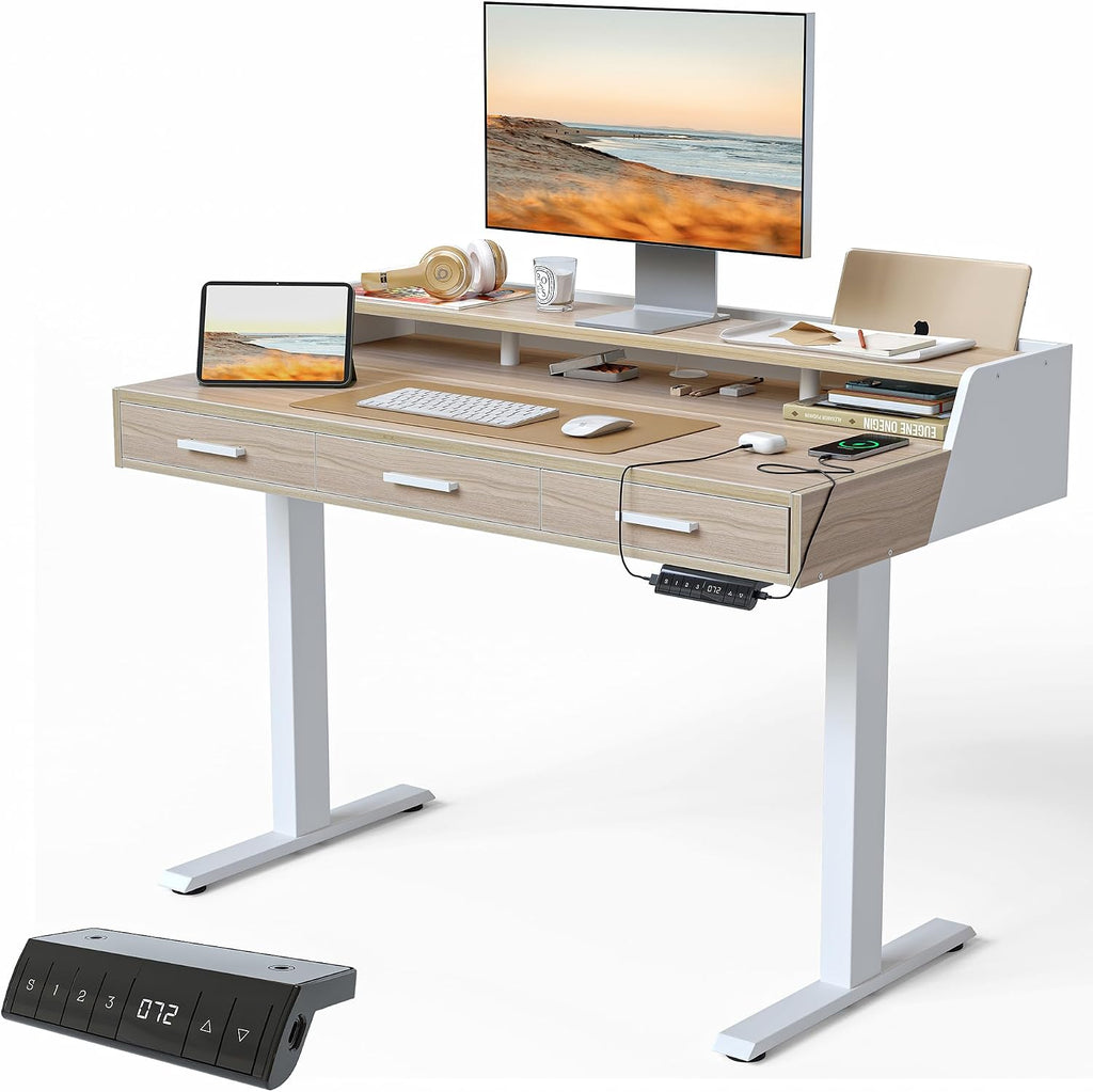 FEZIBO 48x26 Inches Standing Desk with 3 Wooden Drawers and Monitor Shelf, Height Adjustable Computer Desk, Ergonomic Rising Home Office Desks, Sit Stand Up Electric Workstation Table, Light Walnut