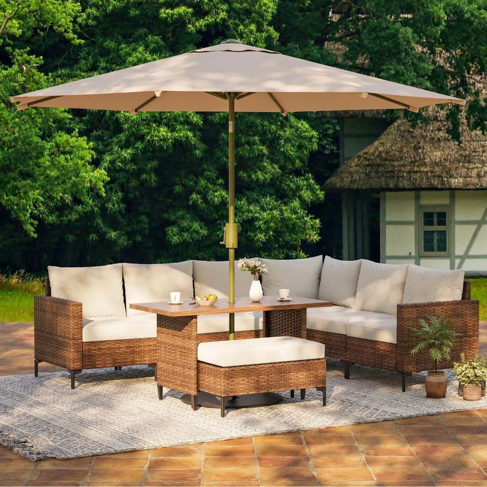 LAUSAINT HOME 8 Pieces Outdoor Patio Furniture Set, PE Wicker Sectional Conversation Sofa with Adjustable Backrests, Storage Ottoman & Wood Table with Umbrella Hole, Beige