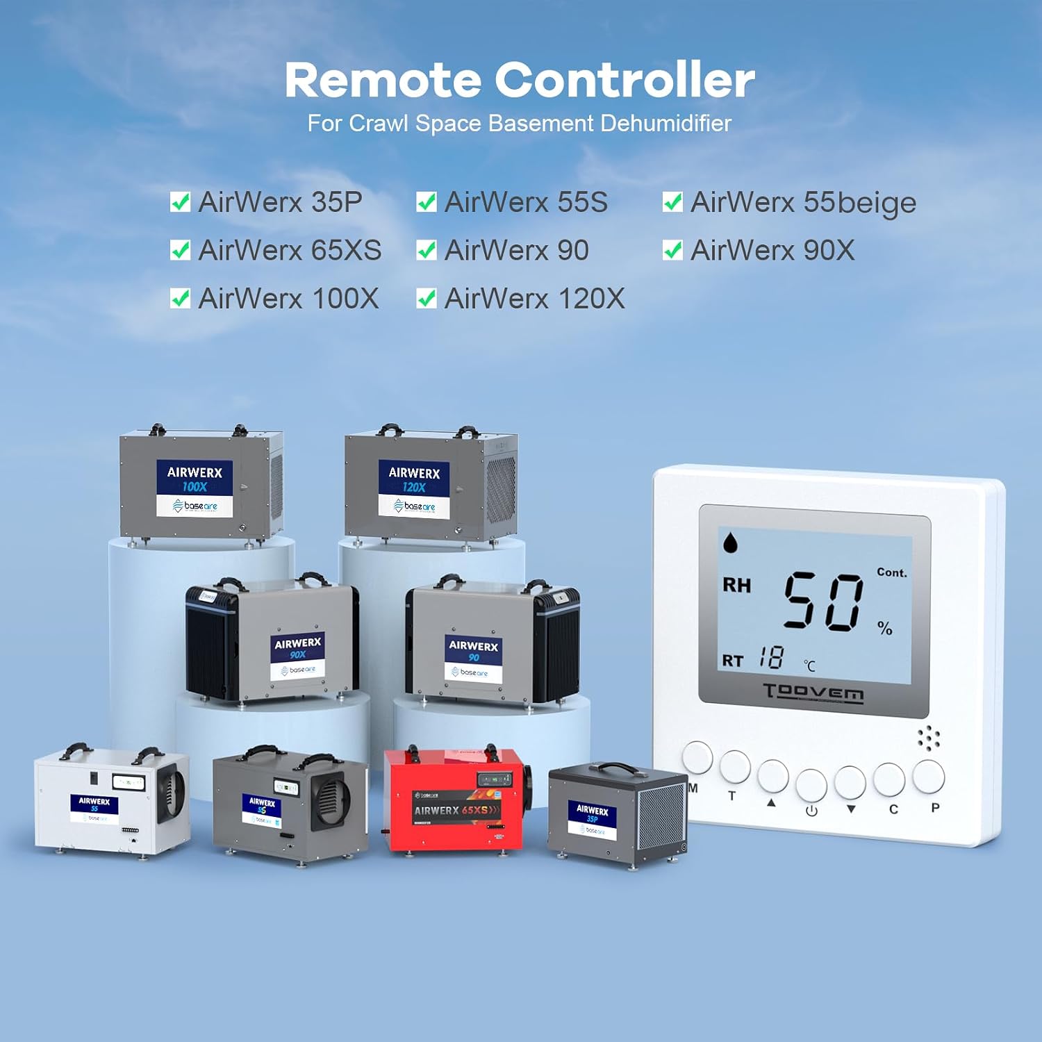 BaseAire Dehumidifier Remote Controller for Digital Humidity, Temperature, Adapt the Humidity Level, Suitable for Dehumidifier Airwerx 35P, 55, 65X, 55S WiFi, 65XS WiFi, 90, 90X, 100X, 120X,White