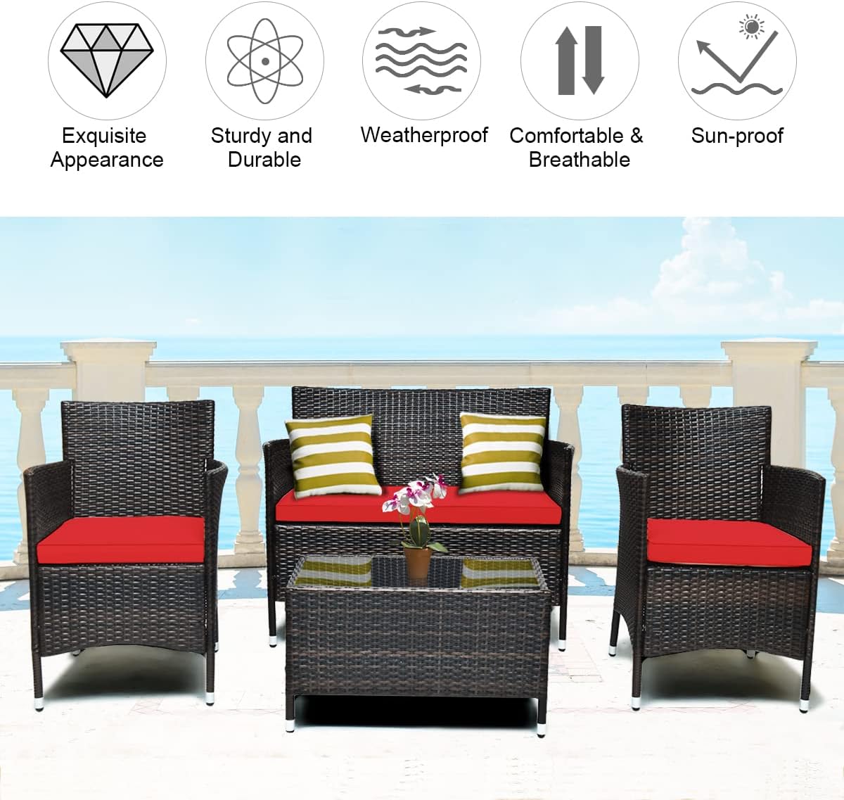 COSTWAY 8PCS Rattan Patio Furniture Set, Outdoor Wicker Rattan Chairs with Coffee Table, Rattan Cushioned Conversation Set for Backyard Balcony Porch Poolside, Red