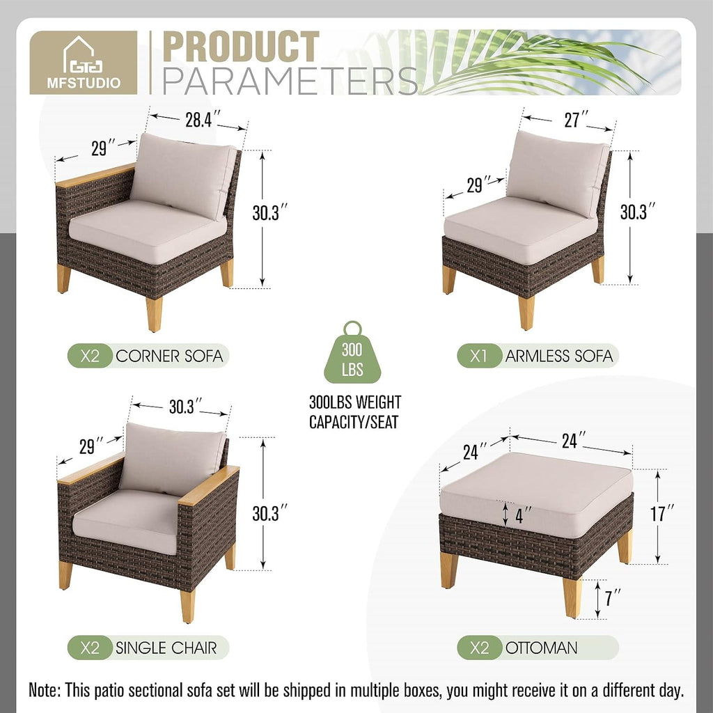 MFSTUDIO 7 Piece Wicker Patio Furniture Set, 2 x Single Chair, 2 x Ottoman, 3-Seat Sofa, All-Weather Outdoor PE Rattan Patio Conversation Set for Garden, Backyard(Beige Cushions)