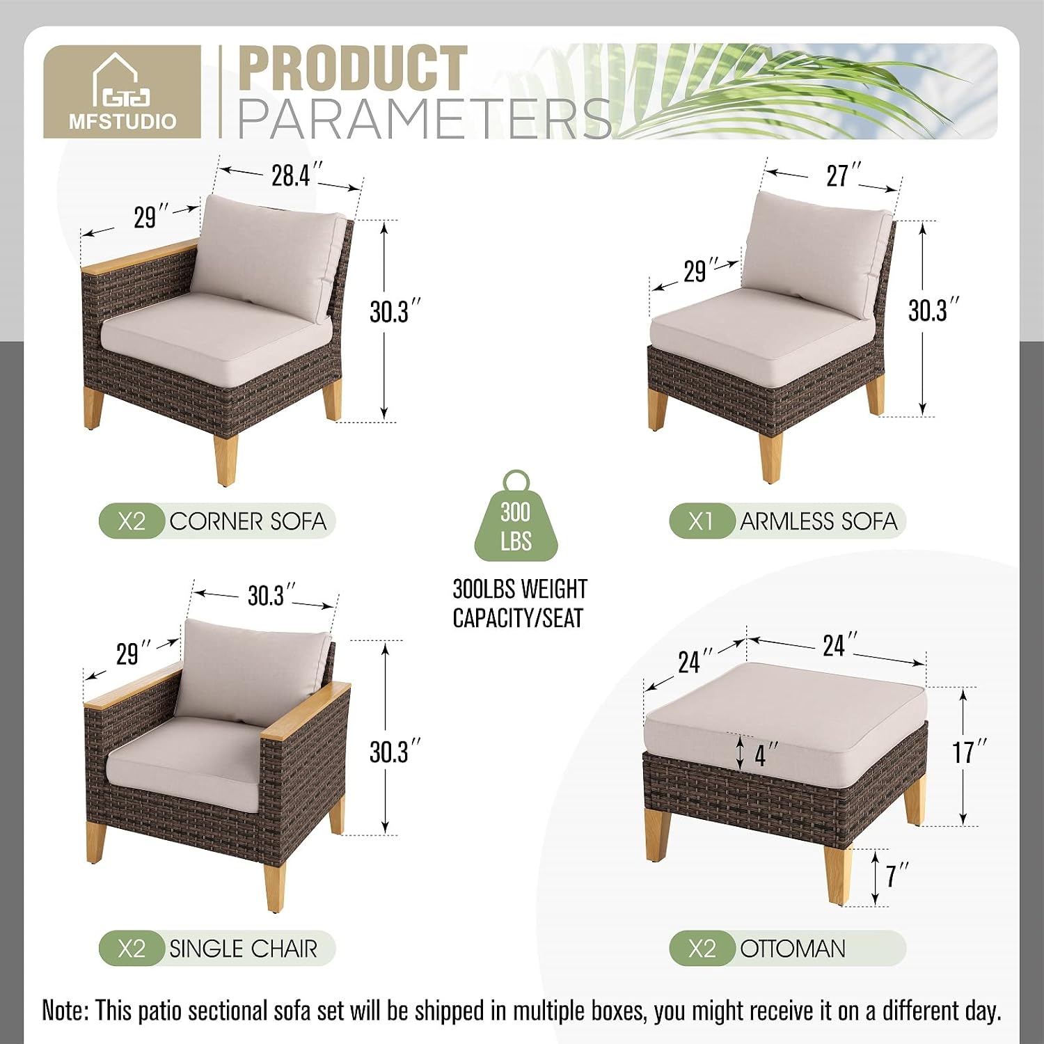 MFSTUDIO 7 Piece Wicker Patio Furniture Set, 2 x Single Chair, 2 x Ottoman, 3-Seat Sofa, All-Weather Outdoor PE Rattan Patio Conversation Set for Garden, Backyard(Beige Cushions)