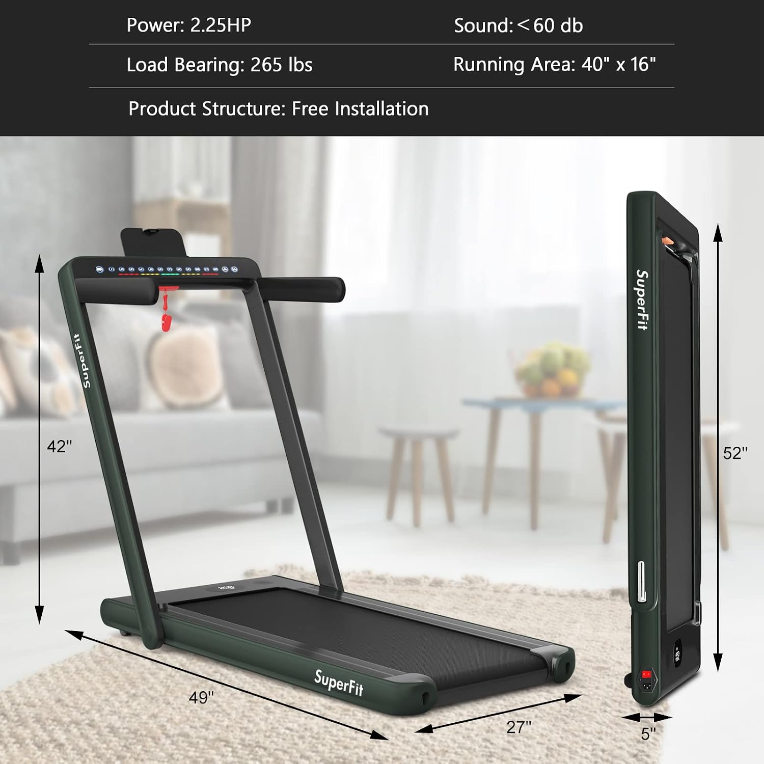 Goplus 2 in 1 Folding Treadmill with Dual Display, 2.25HP Superfit Under Desk Electric Pad Treadmill, Installation-Free, Blue Tooth Speaker, APP Control, Remote Control, Walking Jogging for Home