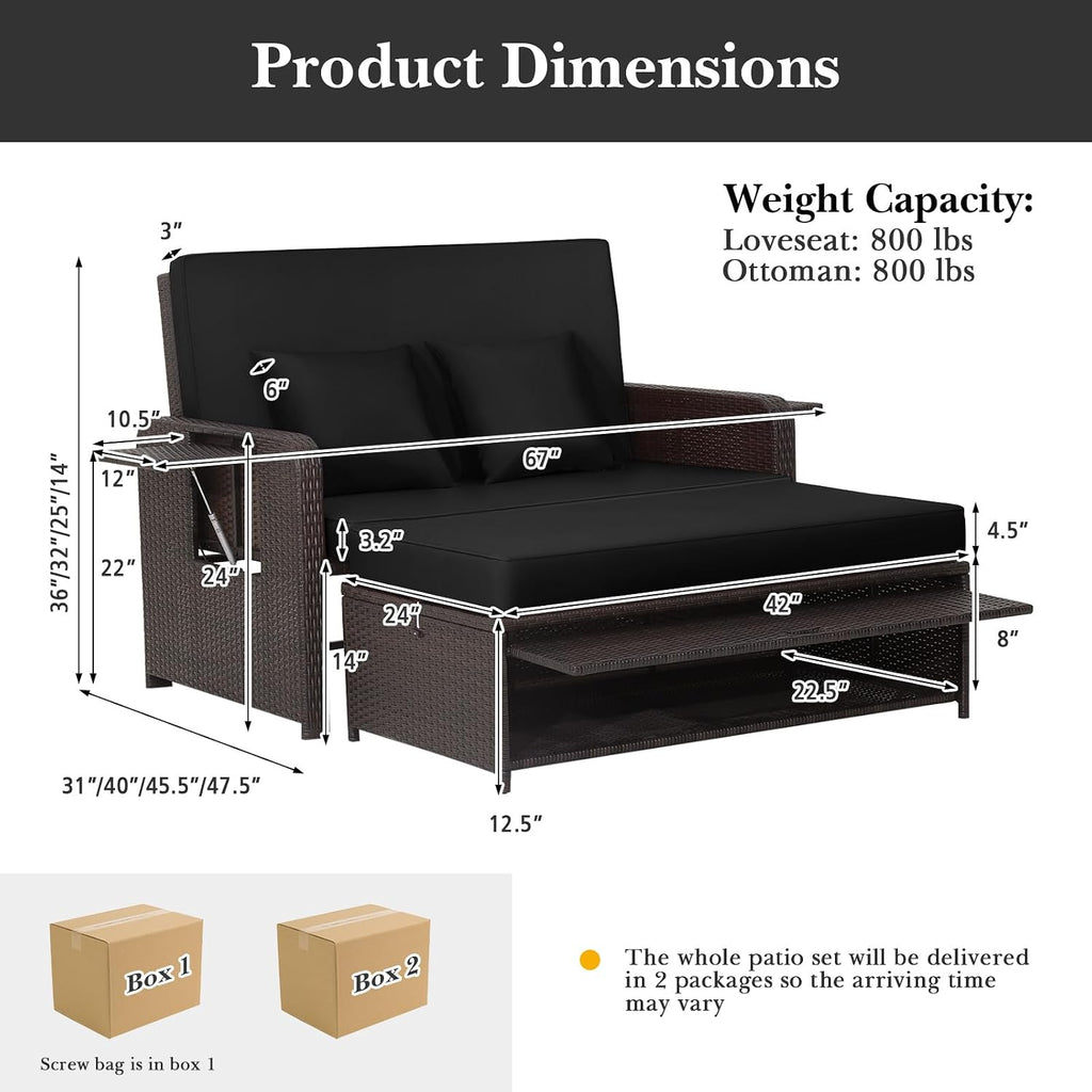 Tangkula Patio Rattan Daybed with 4-Level Adjustable Backrest, Outdoor PE Wicker Loveseat with Storage Ottoman & Folding Side Tray, Double Sunbed Lounger for Balcony, Backyard & Poolside, Black