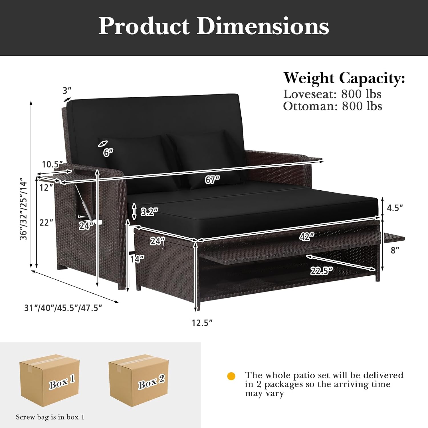 Tangkula Patio Rattan Daybed with 4-Level Adjustable Backrest, Outdoor PE Wicker Loveseat with Storage Ottoman & Folding Side Tray, Double Sunbed Lounger for Balcony, Backyard & Poolside, Black