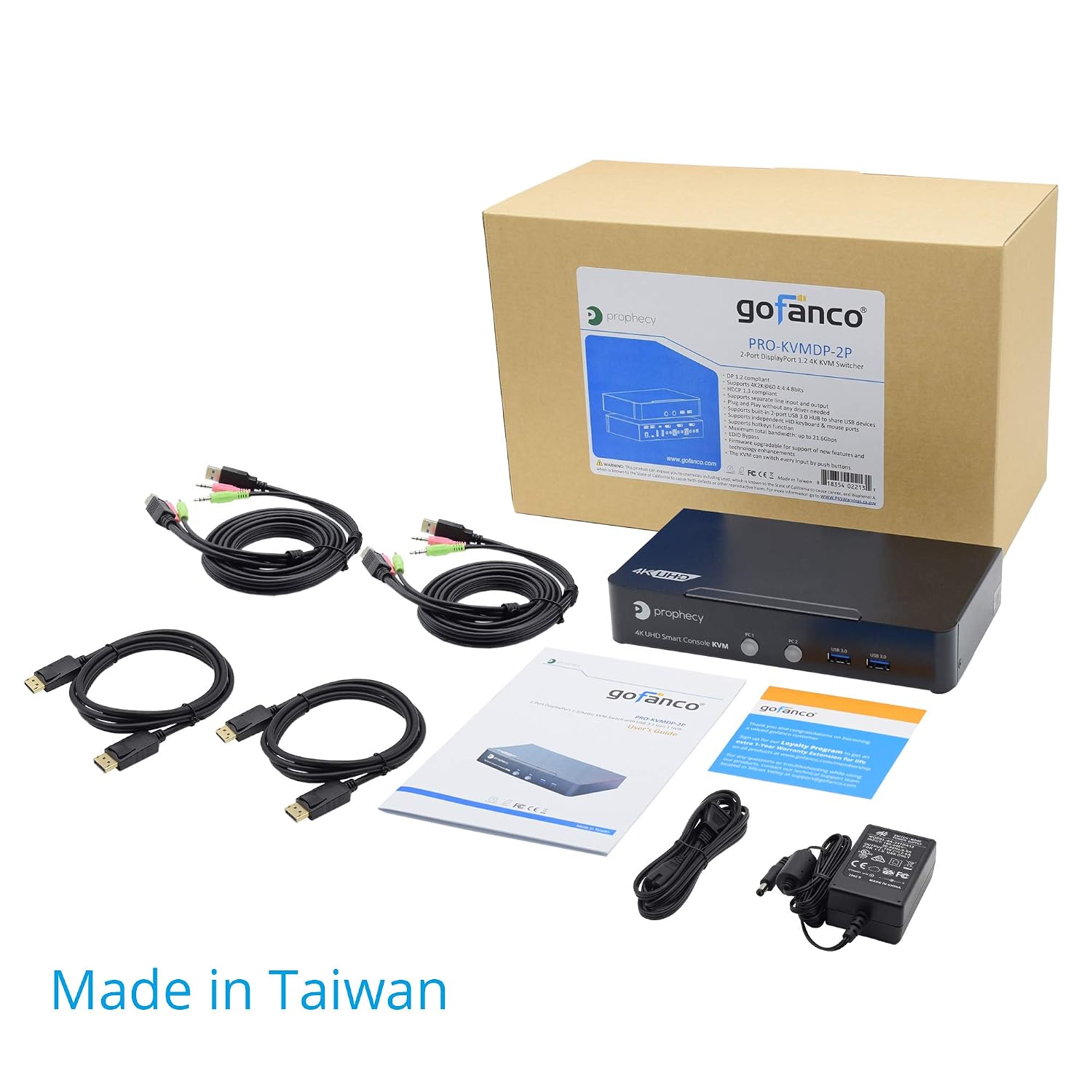 gofanco Prophecy 2-Port DisplayPort 1.2 USB KVM Switch – 4K @60Hz 4:4:4, 21.6Gbps, HDCP 1.3, USB Keyboard/Mouse, USB 3.0 Hub, MIC in, Stereo Out, Hotkeys, TAA Compliant (PRO-KVMDP-2Pv2)