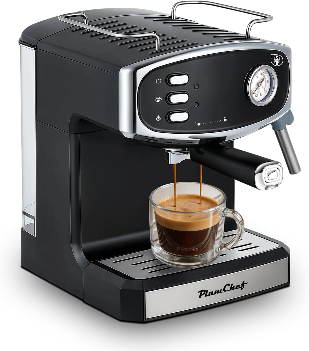 Plum chef 20 Bar Espresso Coffee Maker for Home - Professional Compact Coffee Maker witn Steam Wand Milk Frother, Pressure Gauge, 54oz Tank - Low Noise Fast Brew for Cappuccino, Latte,black
