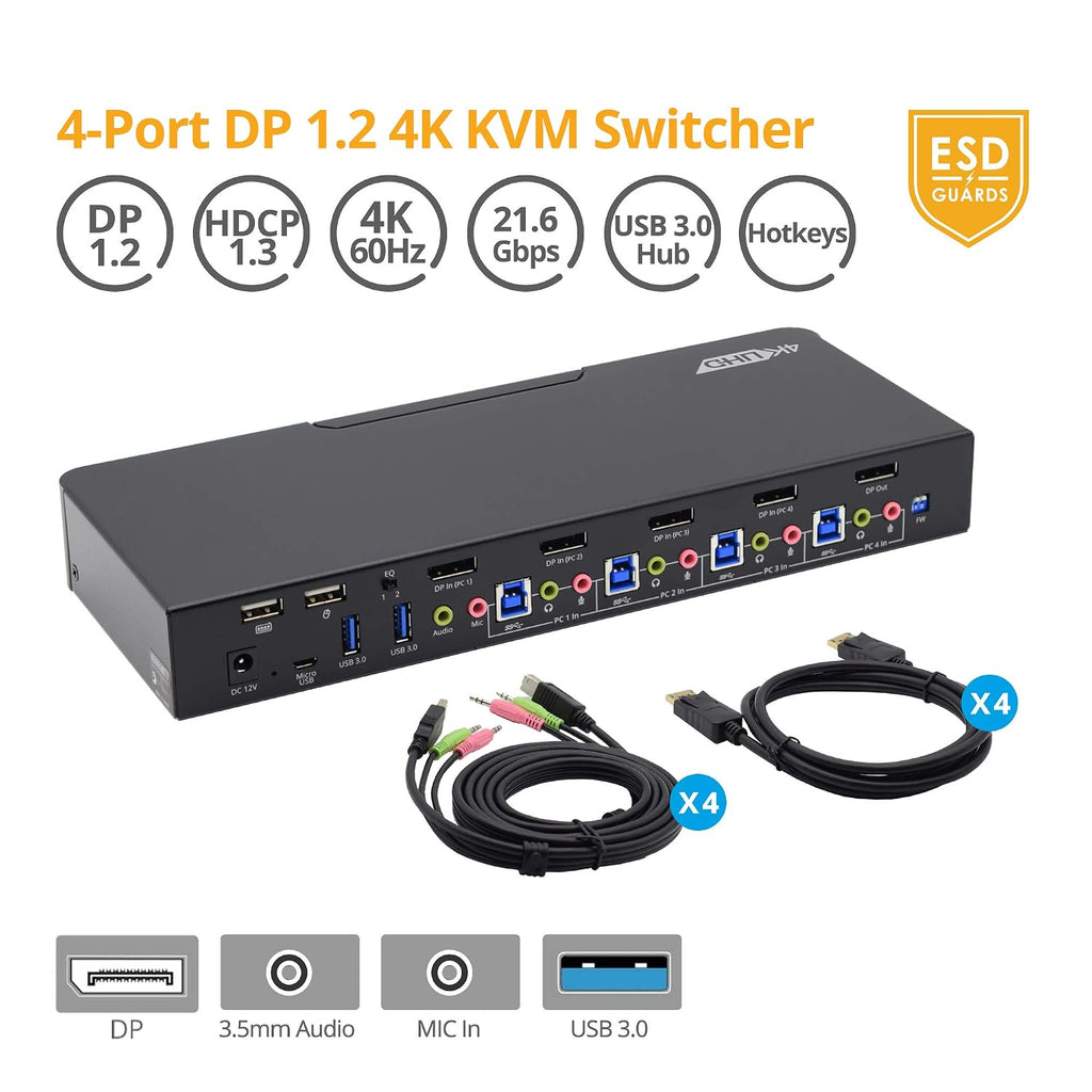 gofanco Prophecy 4-Port DisplayPort 1.2 USB KVM Switch – 4K @60Hz 4:4:4, 21.6Gbps, HDCP 1.3, USB Keyboard/Mouse, USB 3.0 Hub, MIC in, Stereo Out, Hotkeys, TAA Compliant (PRO-KVMDP-4Pv2)