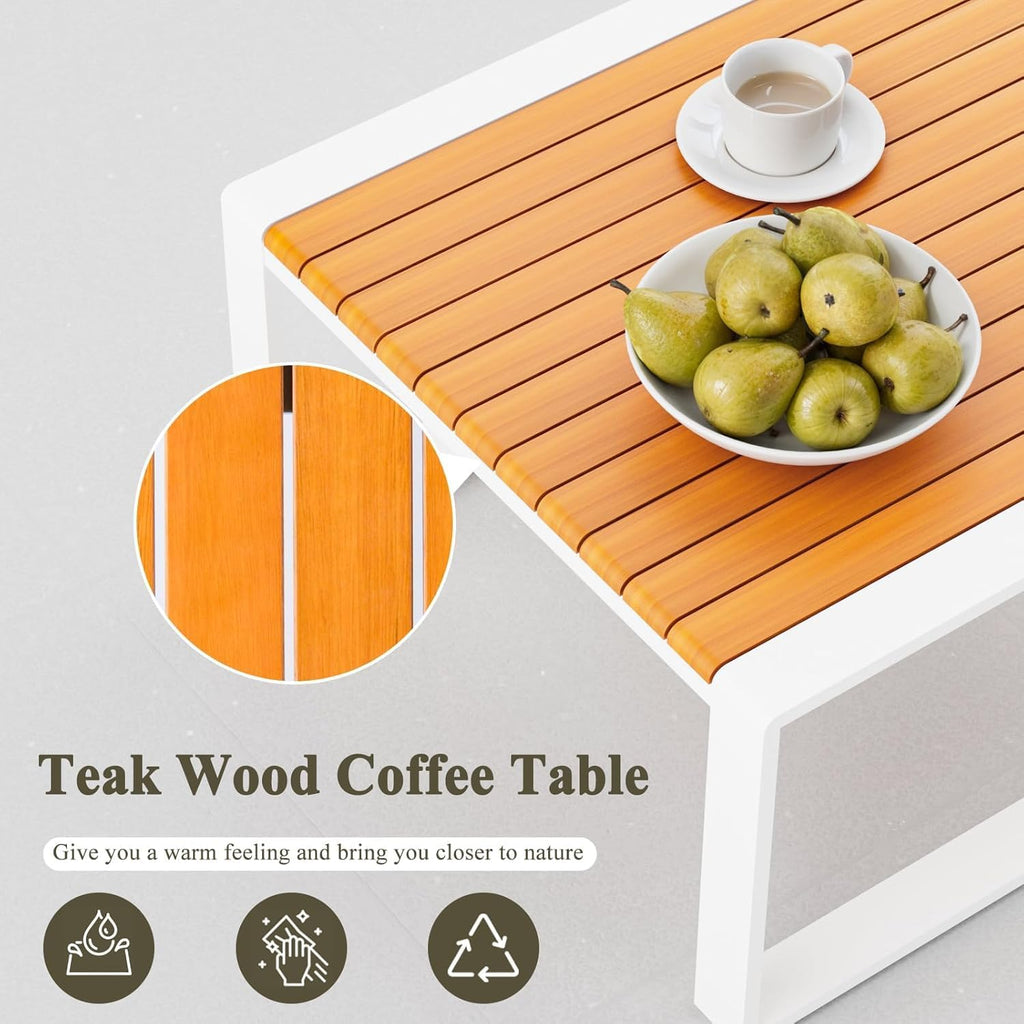 Aluminum Patio Furniture Set, All-Weather Outdoor Couch Sectional, L Shaped Patio Conversation Sets, Metal Corner Sofa with Teak Coffee Table (Cushion: Beige, White Frame)