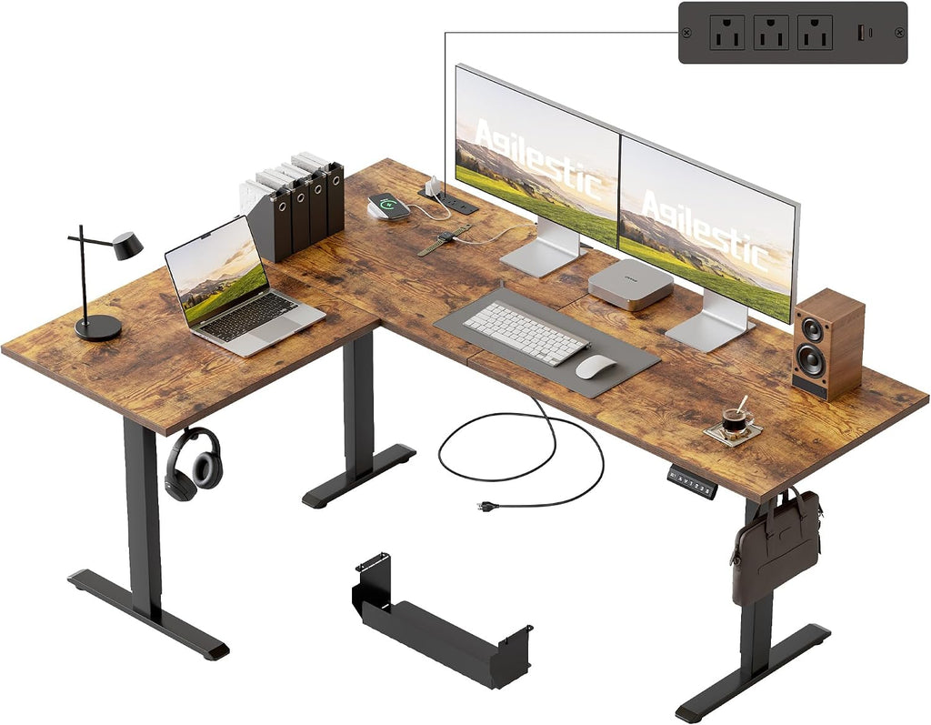 Agilestic Electric L Shaped Standing Desk 63 x 48 Inch with Power Outlet, Height Adjustable Corner Stand up Desk with Cable Management,Sit Stand Home Office Workstation with Splice Board, Rustic Brown