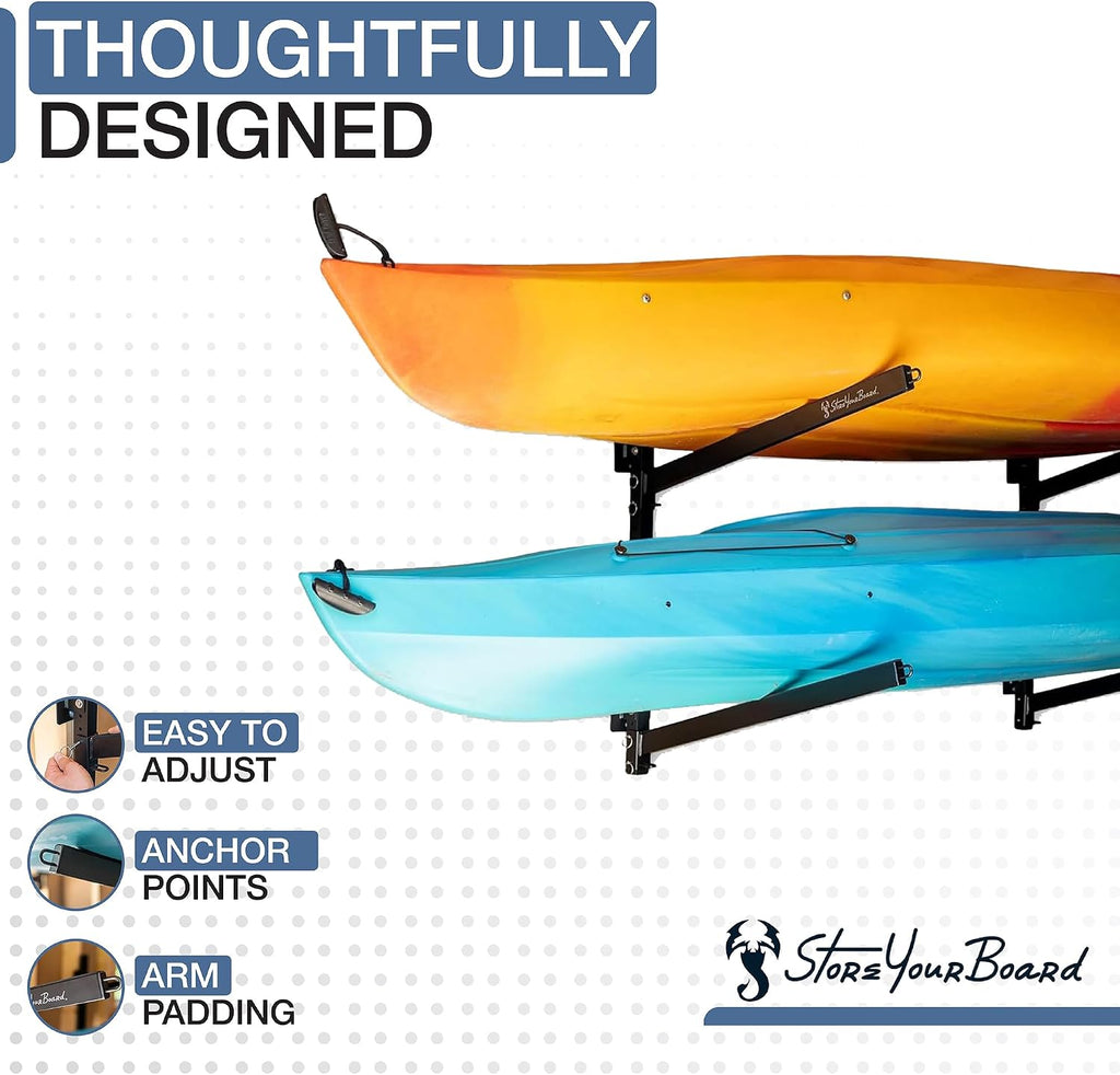 StoreYourBoard G-Kayak Wall Rack – Heavy-Duty Indoor Kayak Rack for 2 Boats, Adjustable Storage Wall Mount Hanger, Space-Saving Indoor Storage for Kayak Wall Mount - Holds 200 lbs - Silver