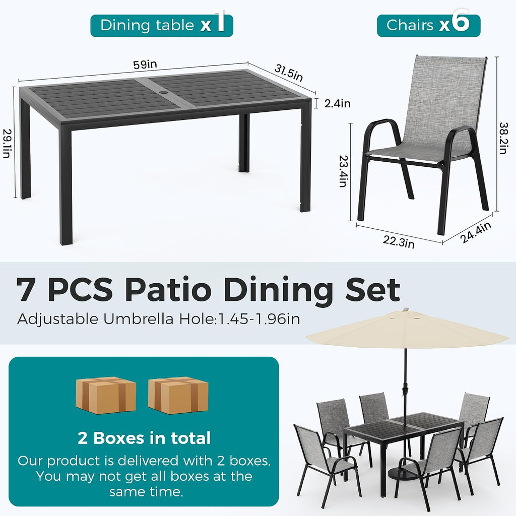 Pamapic Outdoor Dining Sets for 6, Rectangular Steel Slat Table with 6 Textilene Chairs, 7 Piece Patio Table and Chairs Set with Umbrella Hole for Patio, Garden, Backyard and Poolside (Grey)