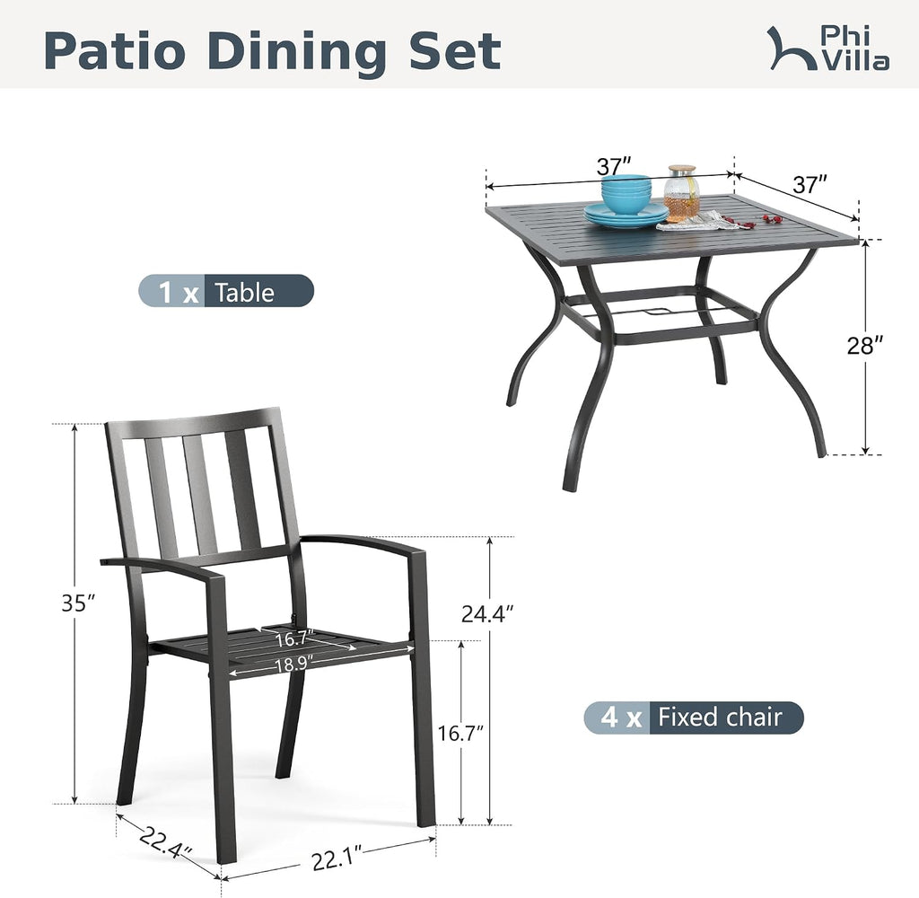 PHI VILLA 5 Piece Outdoor Table and Chairs, Patio Dining Set for 4,37' Black Square Metal Table and Stackable Wrought Iron Chairs with Umbrella Hole for Patio, Deck, Porch, Backyard