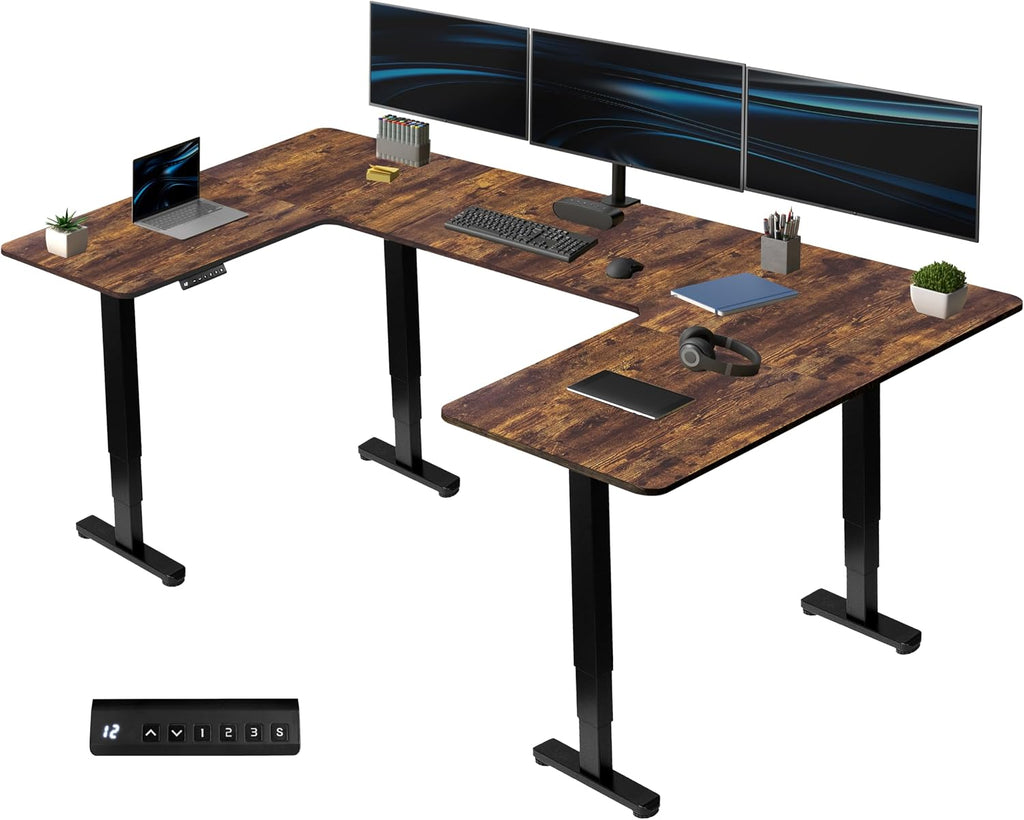 VIVO Large U-Shaped 83 x 60 in Electric Standing Desk, Memory Height Adjustment, Rustic Vintage Brown Top Black Frame, DESK-E4UBN