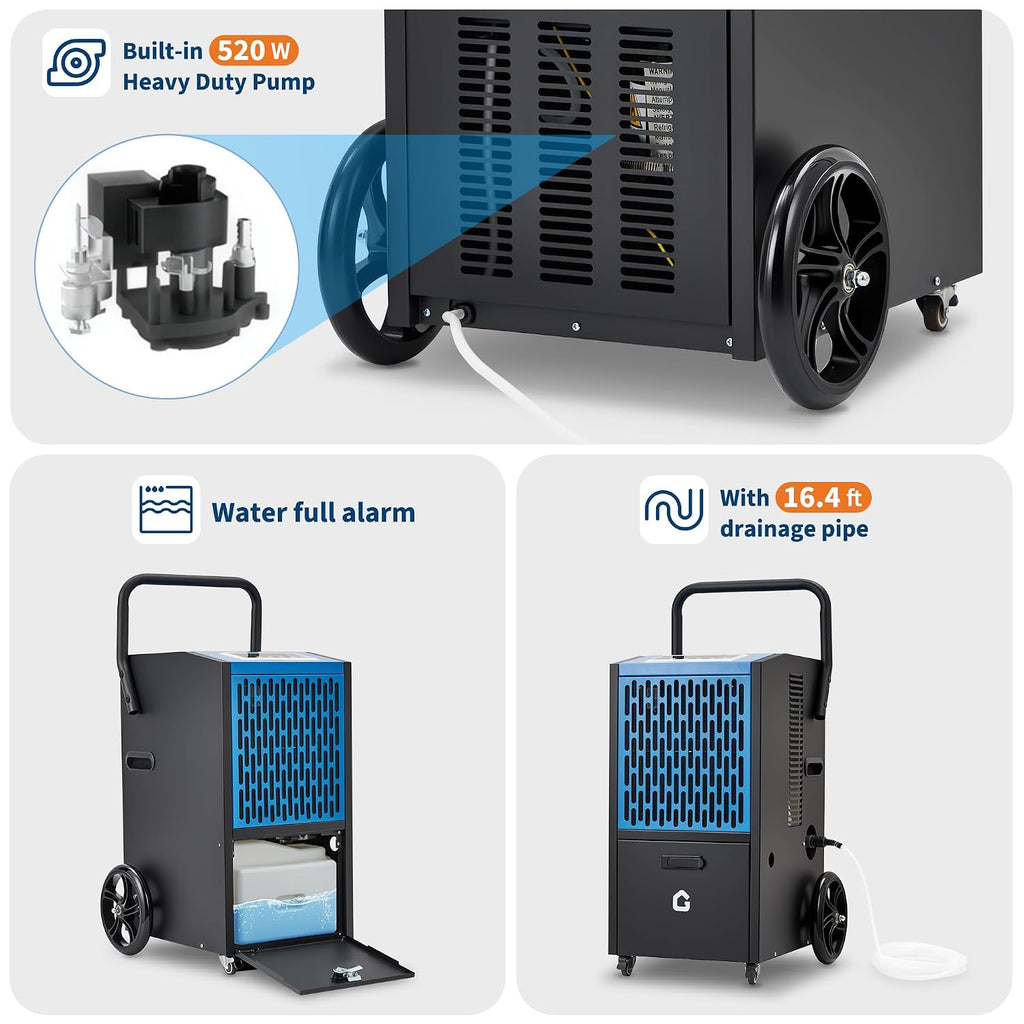 Garvee 105 pt Commercial Dehumidifier with Pump and Drain Hose Portable Industrial Heavy Duty Removal Dehumidifiers for Basements with Auto Drain,Powerful Humidity Control for Large Spaces
