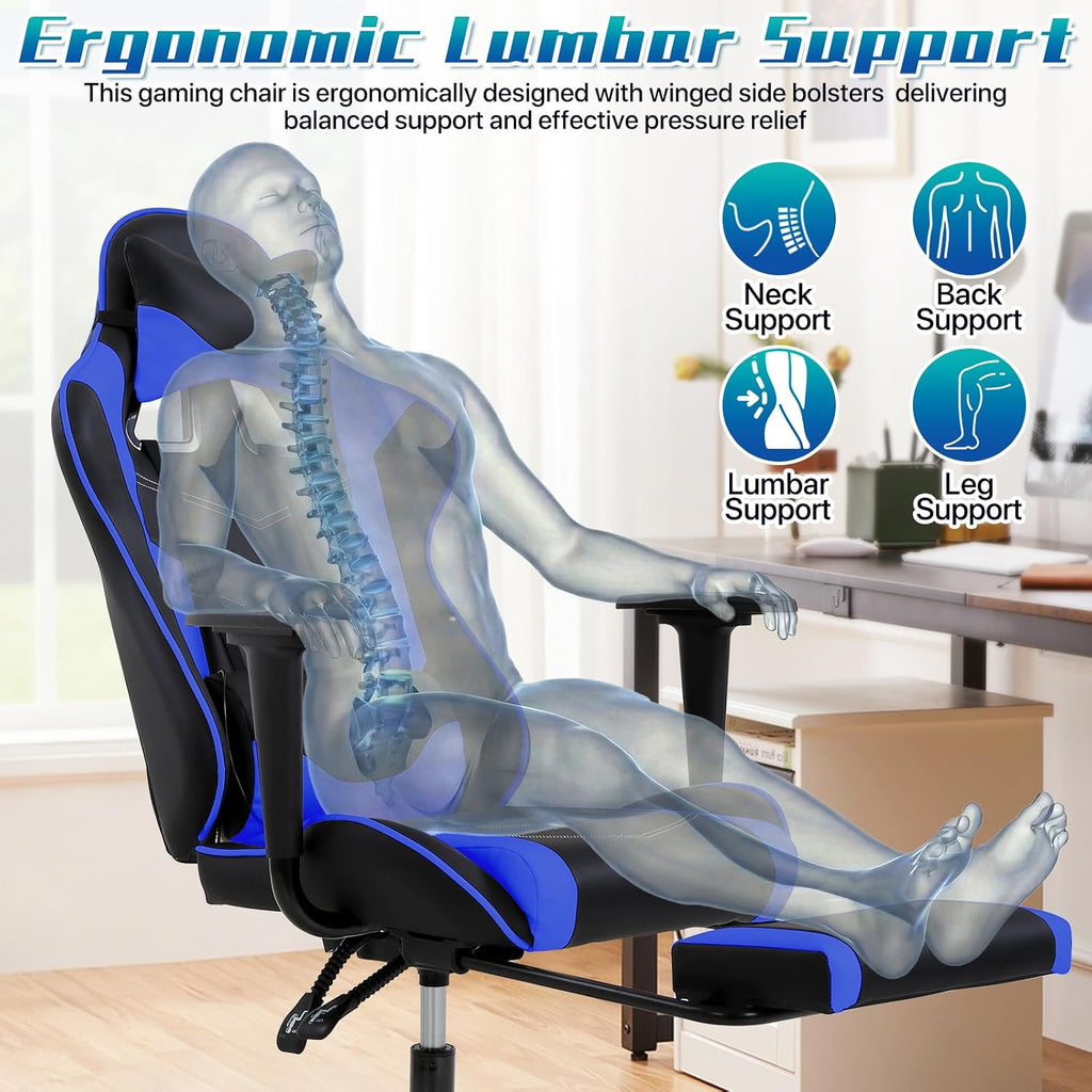 Ergonomic Gaming Chair with Footrest, High Back PU Leather Office Desk Chair for Adults Teens, Rolling Swivel Computer Chair (Blue)