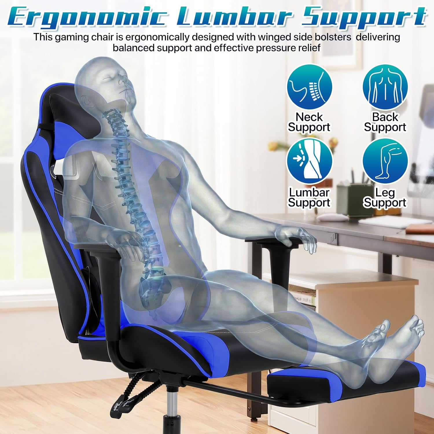 Ergonomic Gaming Chair with Footrest, High Back PU Leather Office Desk Chair for Adults Teens, Rolling Swivel Computer Chair (Blue)