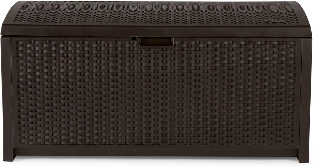 Suncast Outdoor Storage Box - 73 Gallon Mocha Brown Deck Box for Patio, weather-resistant Outdoor Storage Bench, Resin Wicker Style, Heavy-Duty, Lockable Lid for Cushions, Shoes, Pool & Garden Gear