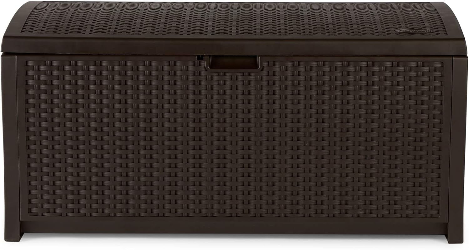 Suncast Outdoor Storage Box - 73 Gallon Mocha Brown Deck Box for Patio, weather-resistant Outdoor Storage Bench, Resin Wicker Style, Heavy-Duty, Lockable Lid for Cushions, Shoes, Pool & Garden Gear