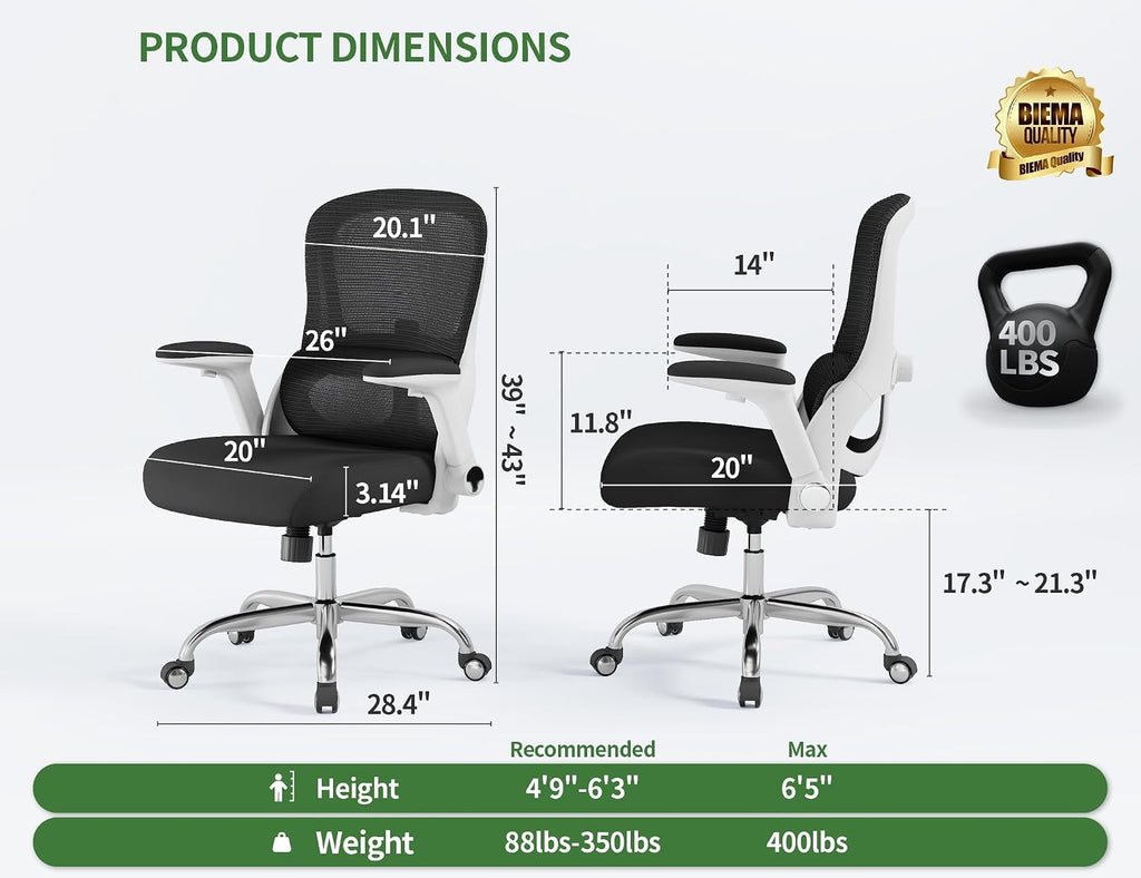 Ergonomic Office Chair - Computer Desk Chairs Comfy, Mesh High-Back Gaming Chair with Adjustable Lumbar Support, Executive Task Chair for Adults, Comfortable for Long Hours (White Black)