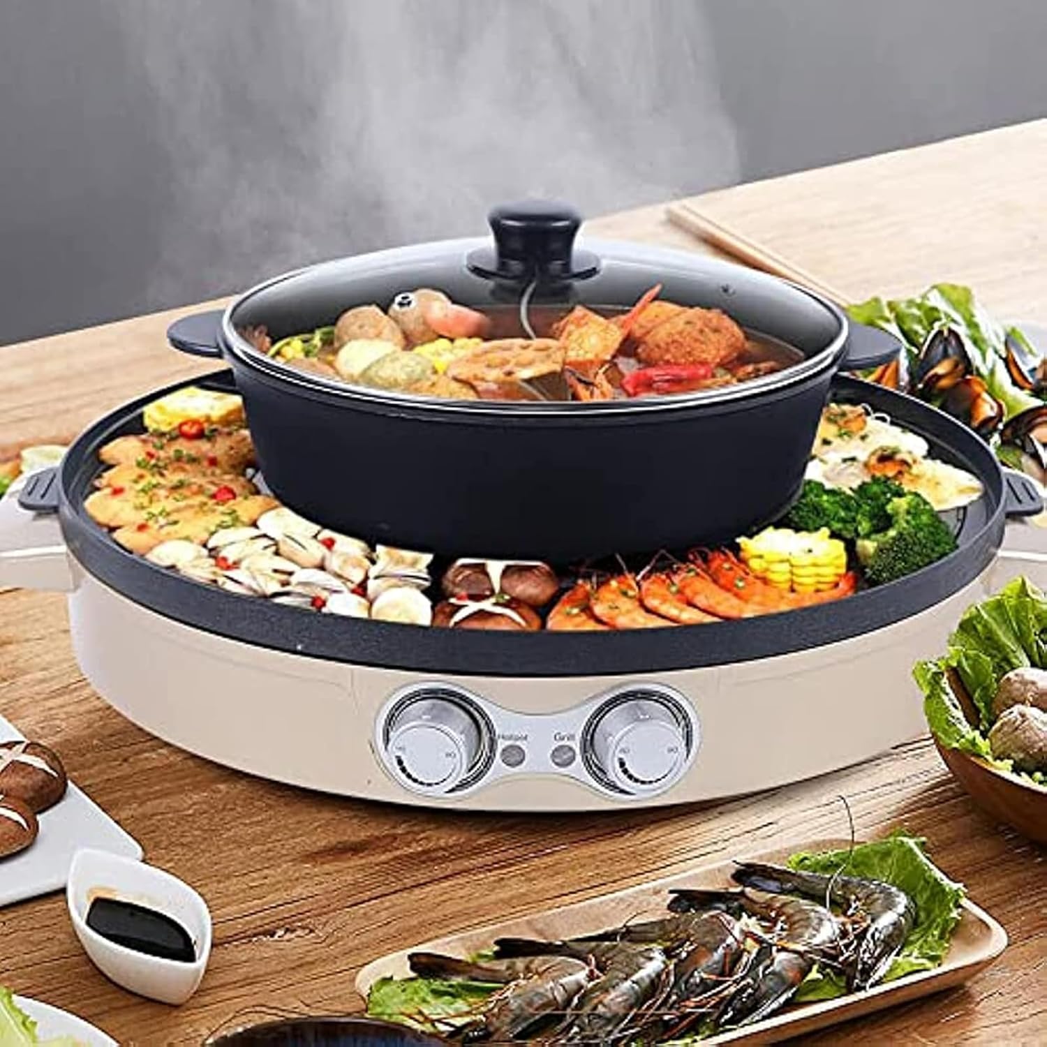 2 In 1 Electric Grill Pan Hot Pot, Multifunctional Removable Hotpot Indoor BBQ Pot with Separate Dual Temperature Contral Stepless Adjustment Knob, Smokeless BBQ Teppanyaki Grill