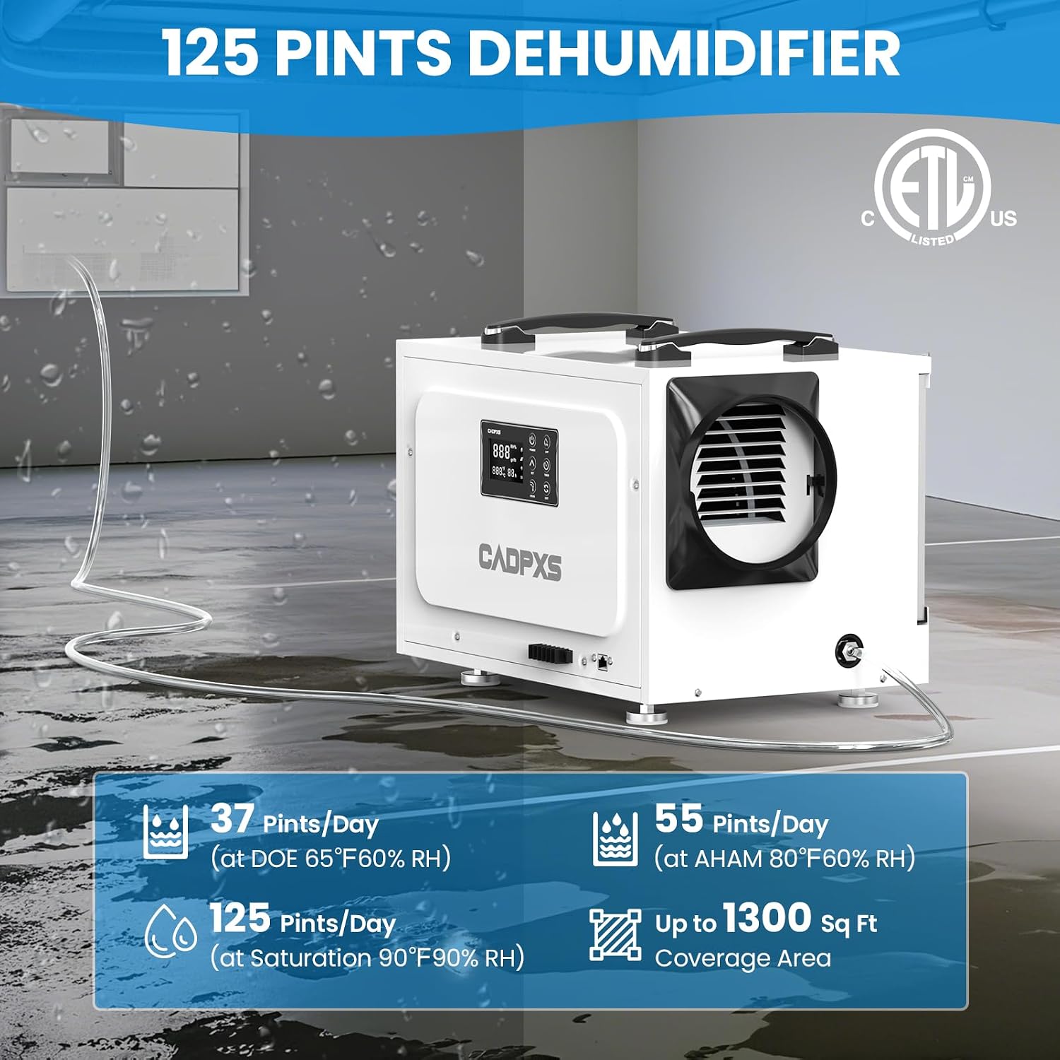 CADPXS Crawl Space Dehumidifier with Pump, 125 Pints Commercial Dehumidifiers with Drain Hose, Dehumidifier for Crawlspace, Basements & Water Damage Use, Memory Restart, cETL, 5 Years Limited Warranty