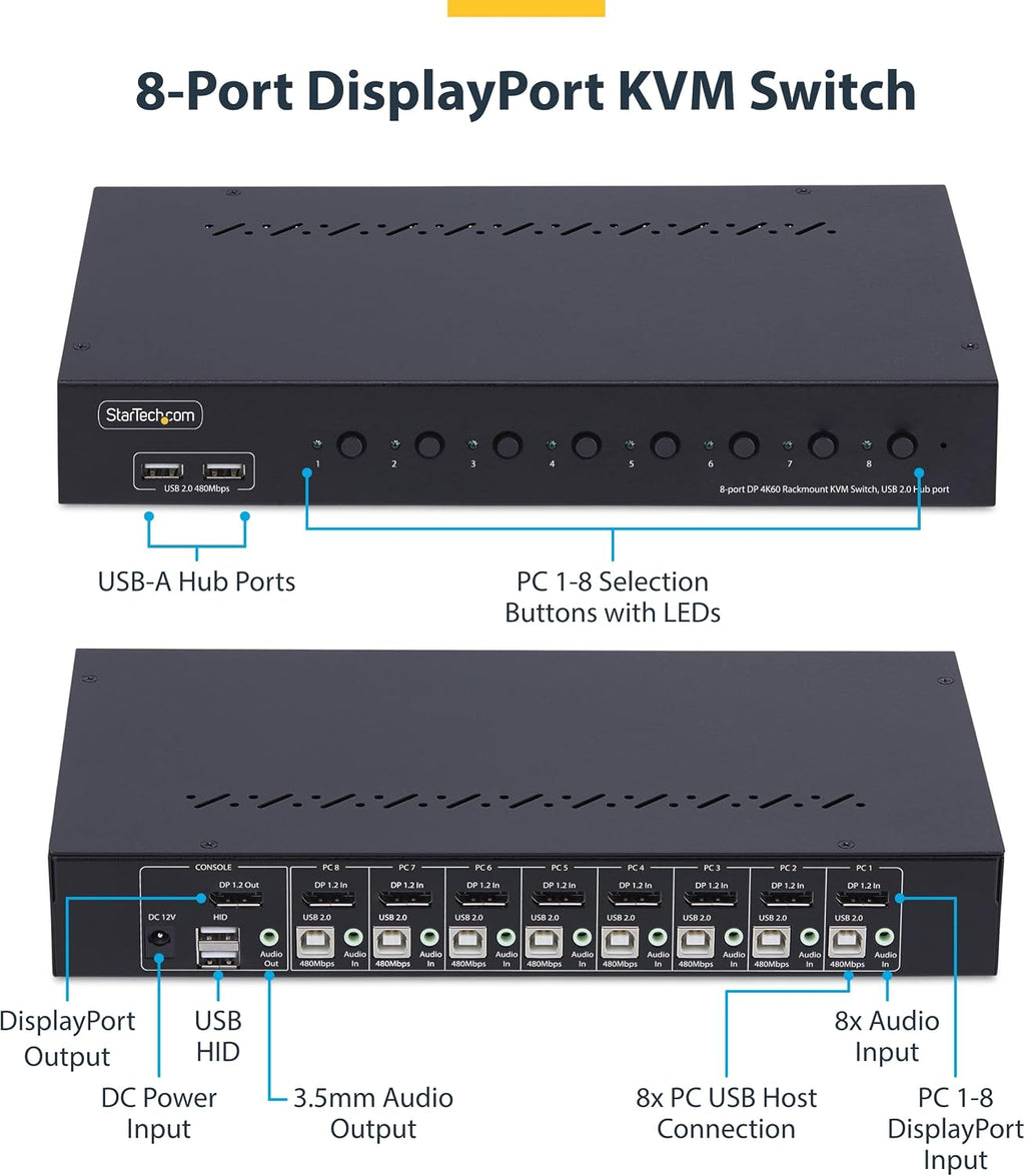 StarTech.com 8-Port DisplayPort KVM Switch w/1U Rack Mount Kit, 4K 60Hz DP 1.2, Push-Button/Hotkey Switching, TAA Compliant